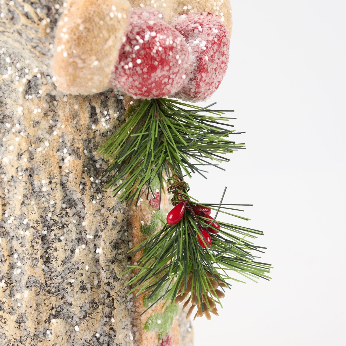 Rustic Cabin Santa Figurine with Snowy Mica Finish, Pinecones, Holly & Bell