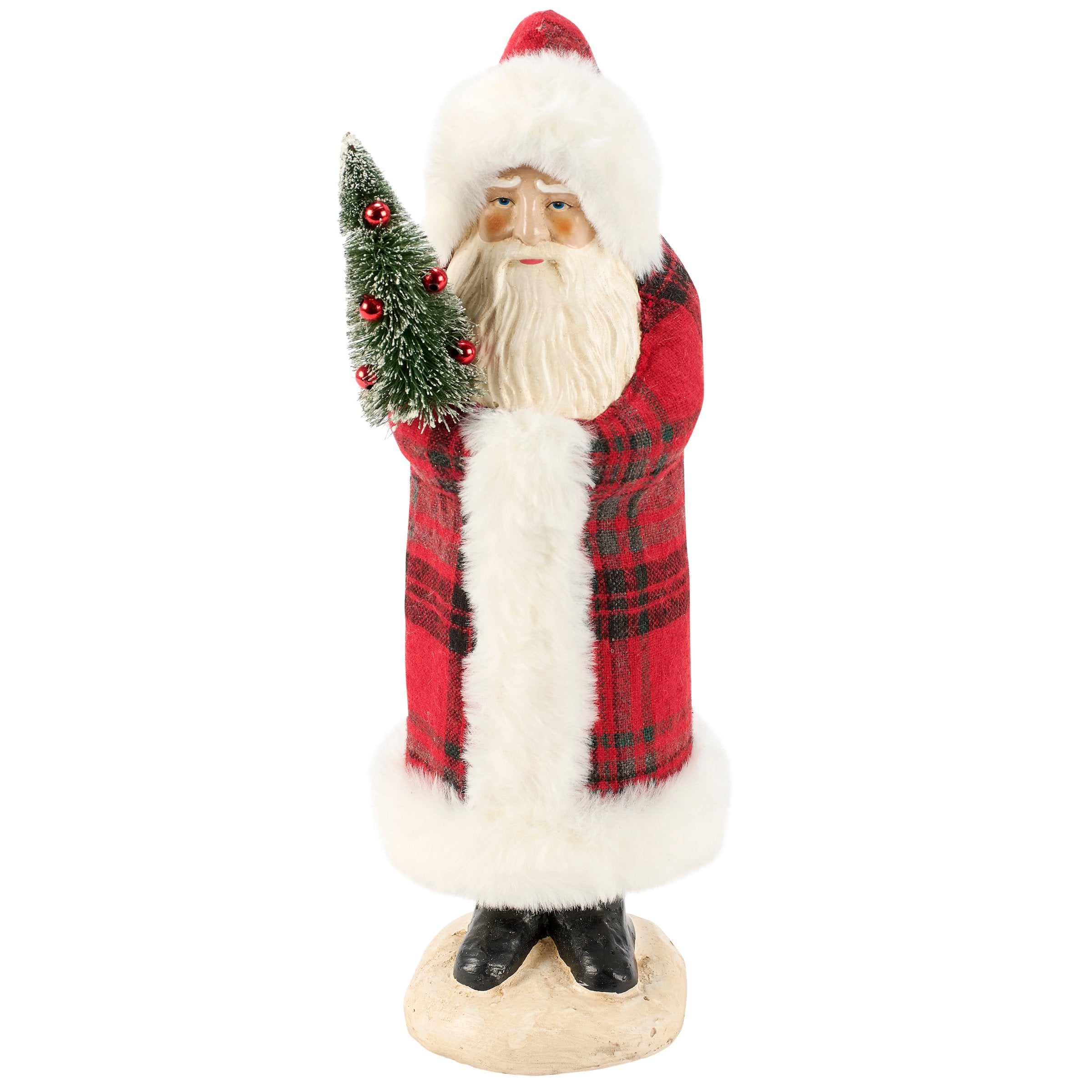 Rustic Plaid Santa Figurine - 13-inch Christmas Decor with Bristle Tree