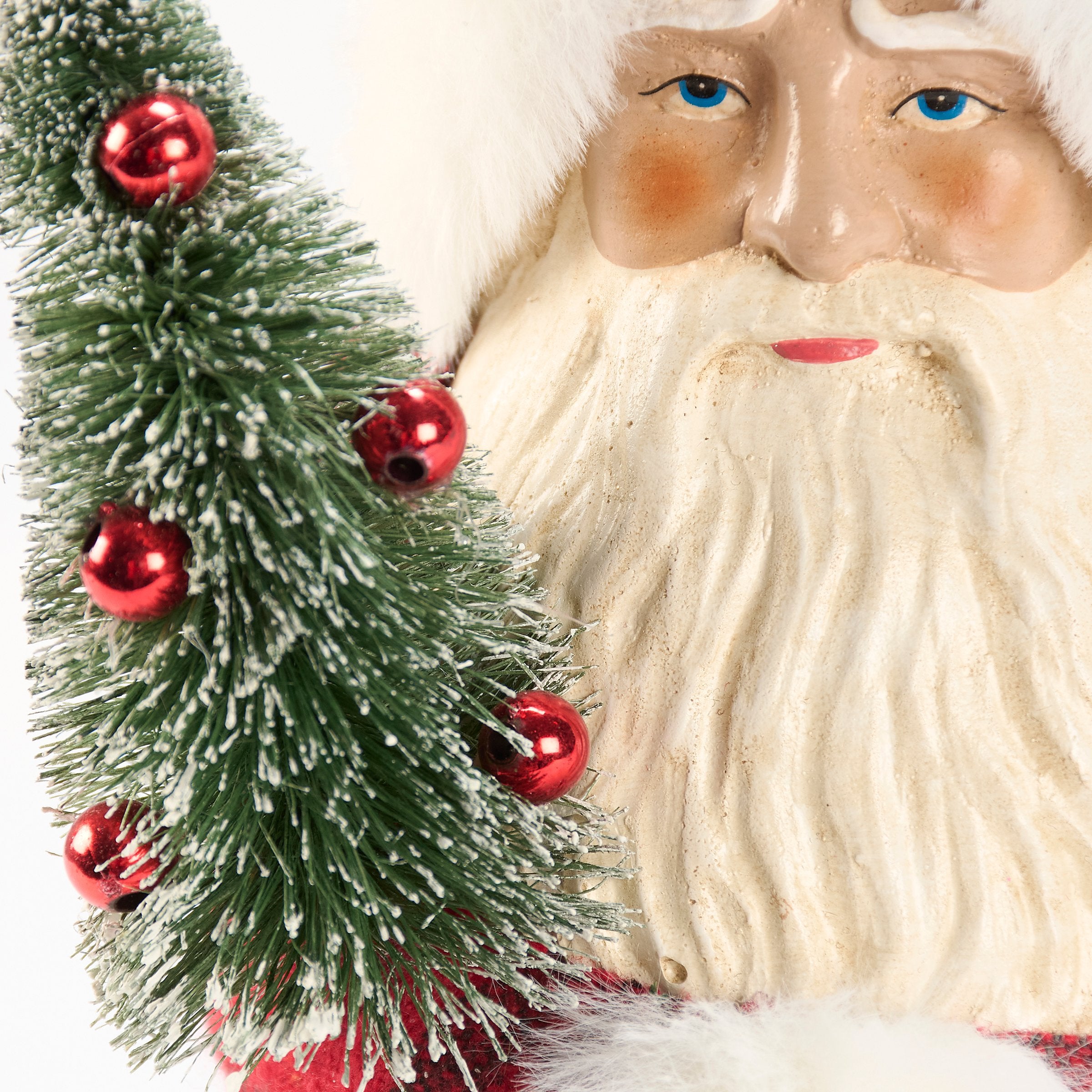 Rustic Plaid Santa Figurine - 13-inch Christmas Decor with Bristle Tree