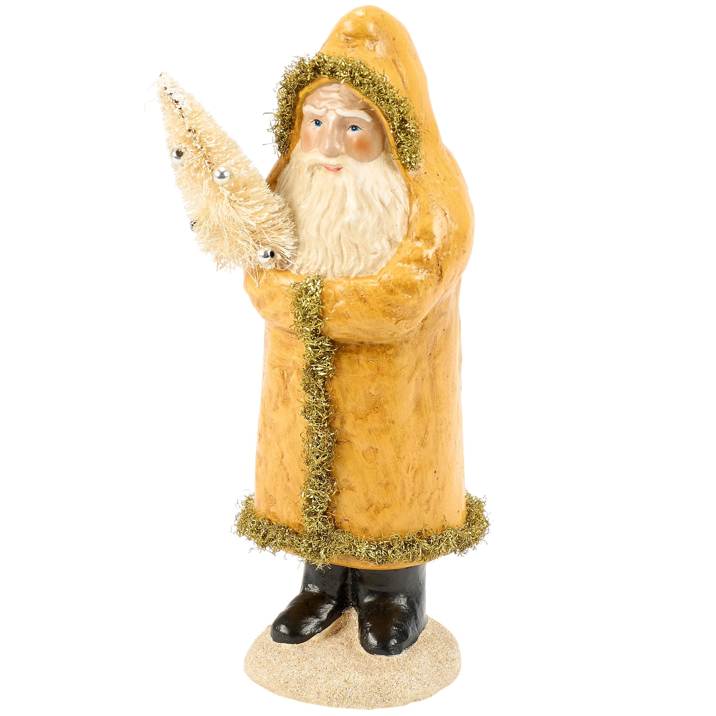Charming Primitive Yellow Santa Figurine with Bristle Tree, Glitter, Tinsel Trim