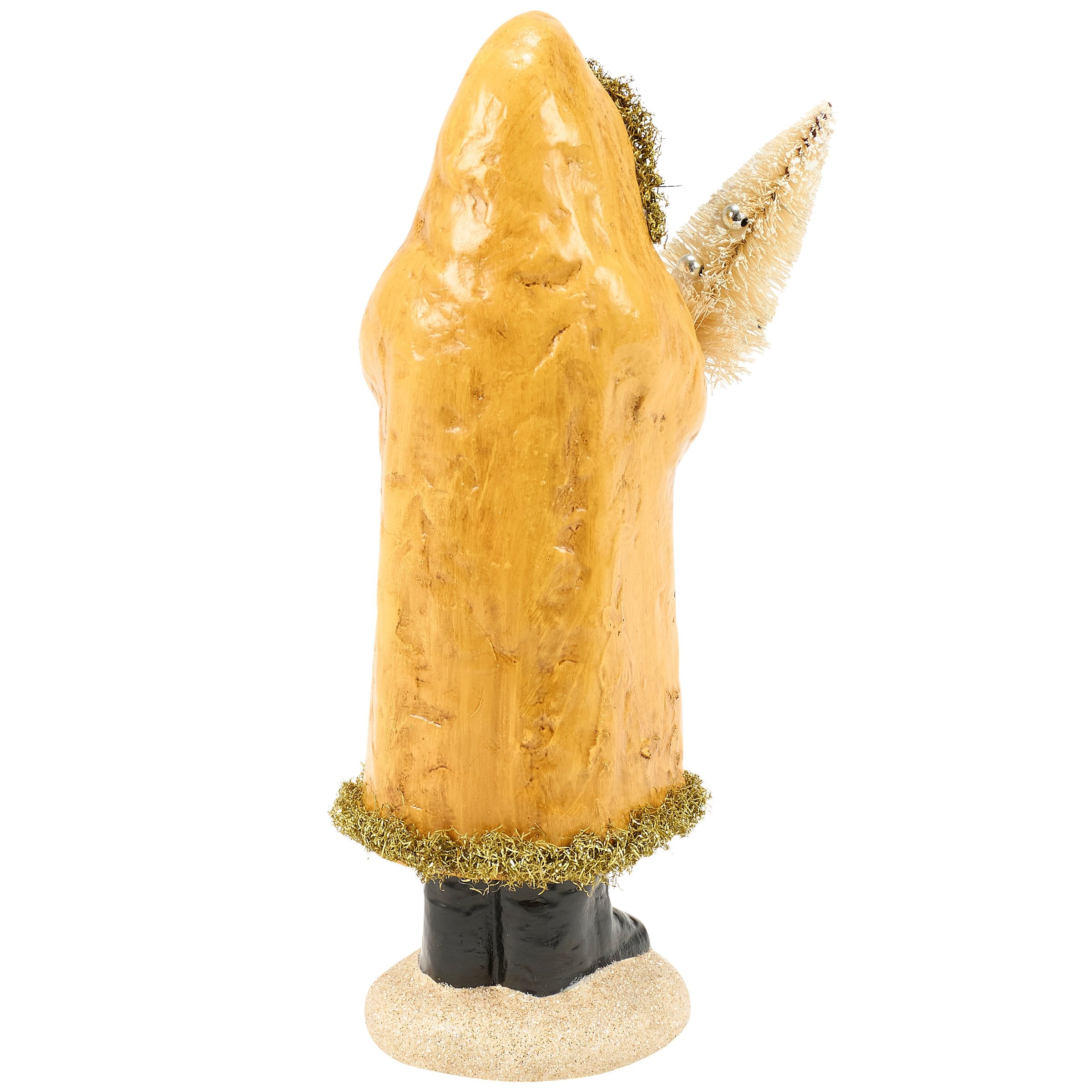 Charming Primitive Yellow Santa Figurine with Bristle Tree, Glitter, Tinsel Trim