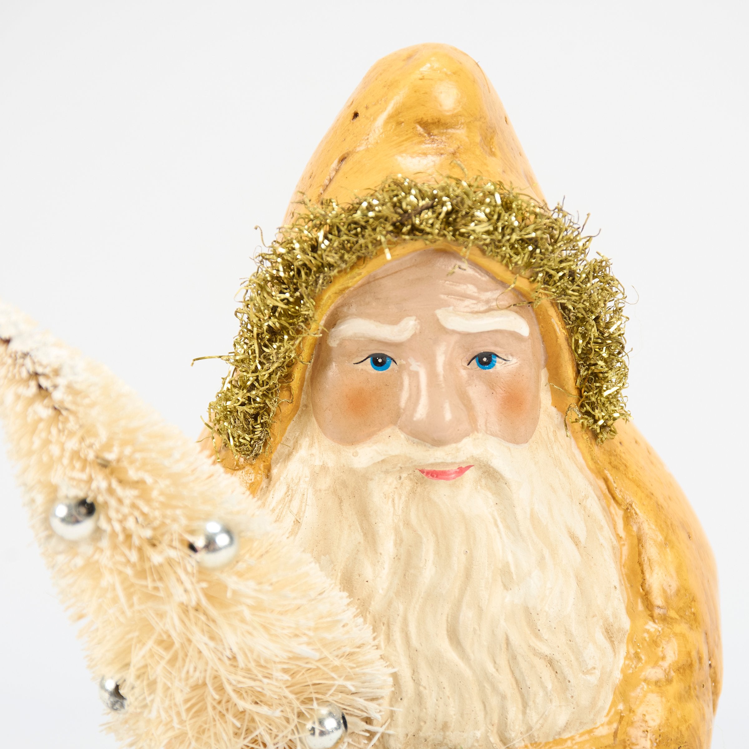 Charming Primitive Yellow Santa Figurine with Bristle Tree, Glitter, Tinsel Trim