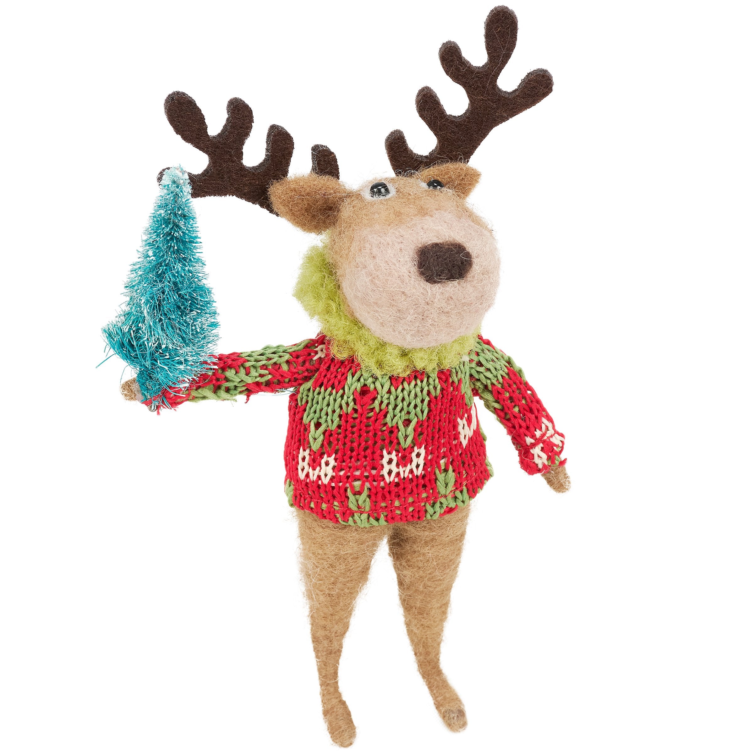 Charming Felt Winter Deer Critter with Knit Sweater & Bristle Tree Accent
