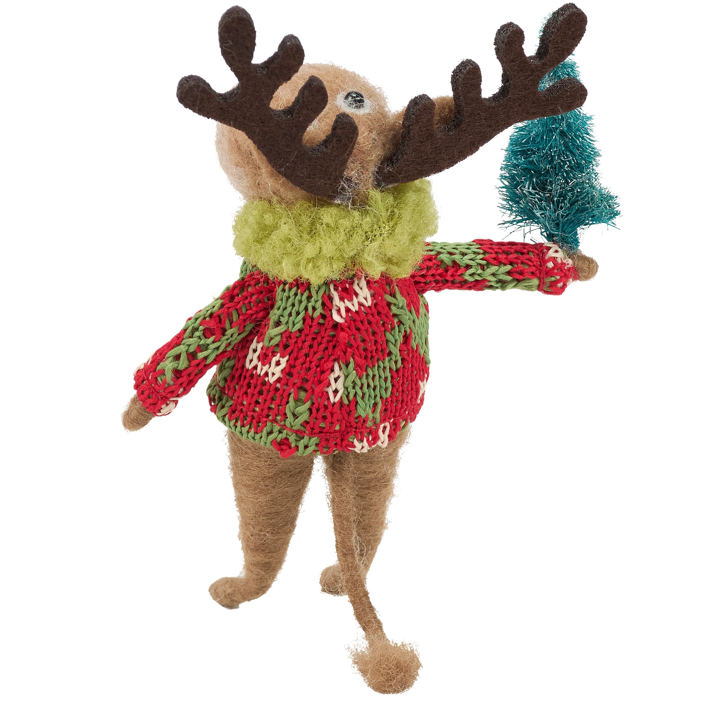 Charming Felt Winter Deer Critter with Knit Sweater & Bristle Tree Accent