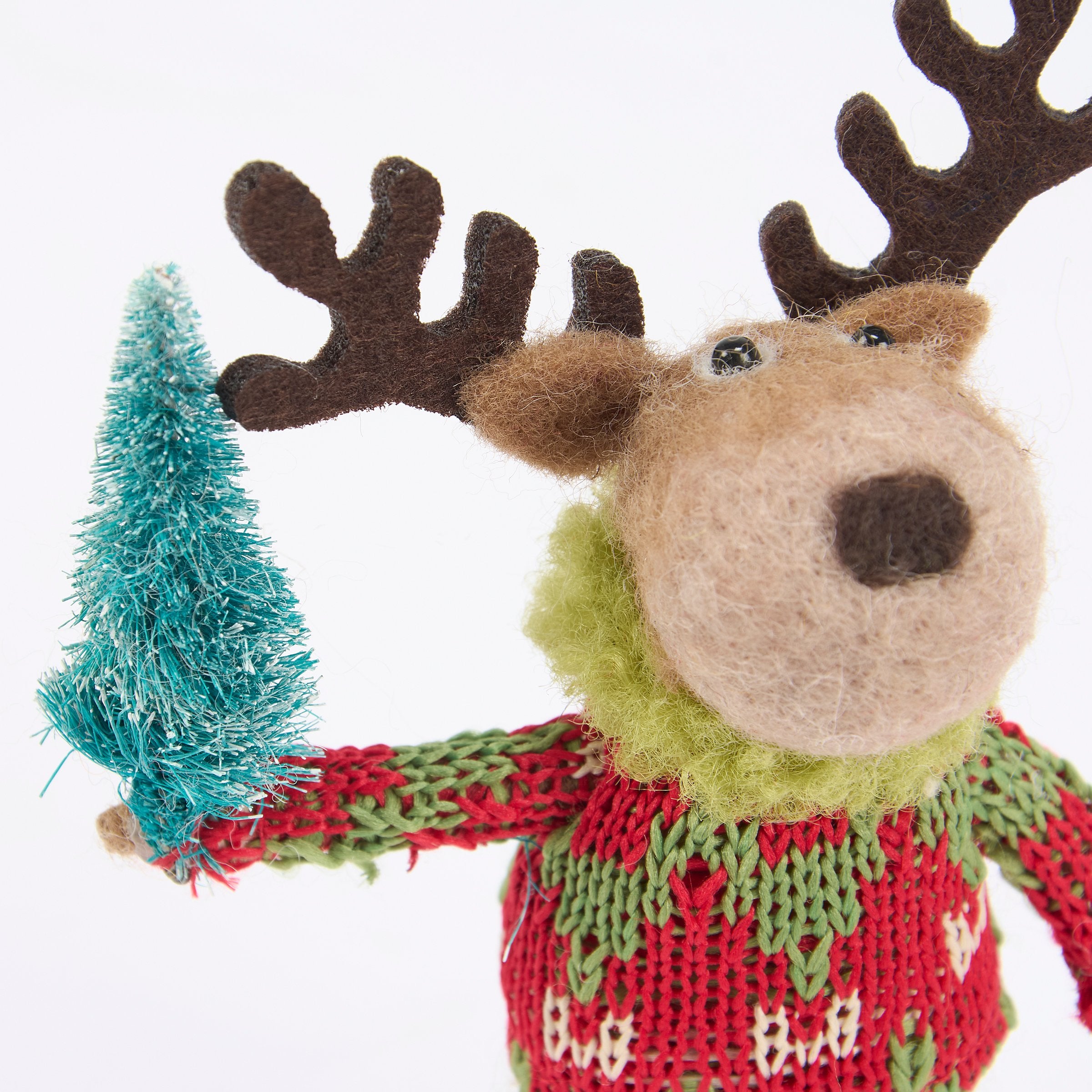 Charming Felt Winter Deer Critter with Knit Sweater & Bristle Tree Accent