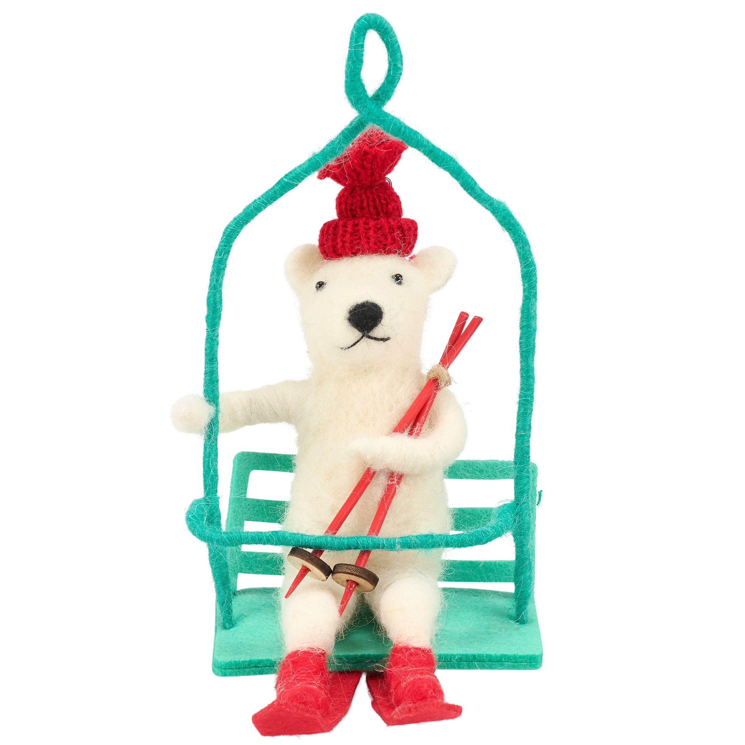 Charming Felt Ski Lift Polar Bear Critter Figurine Winter Holiday Decor Accent