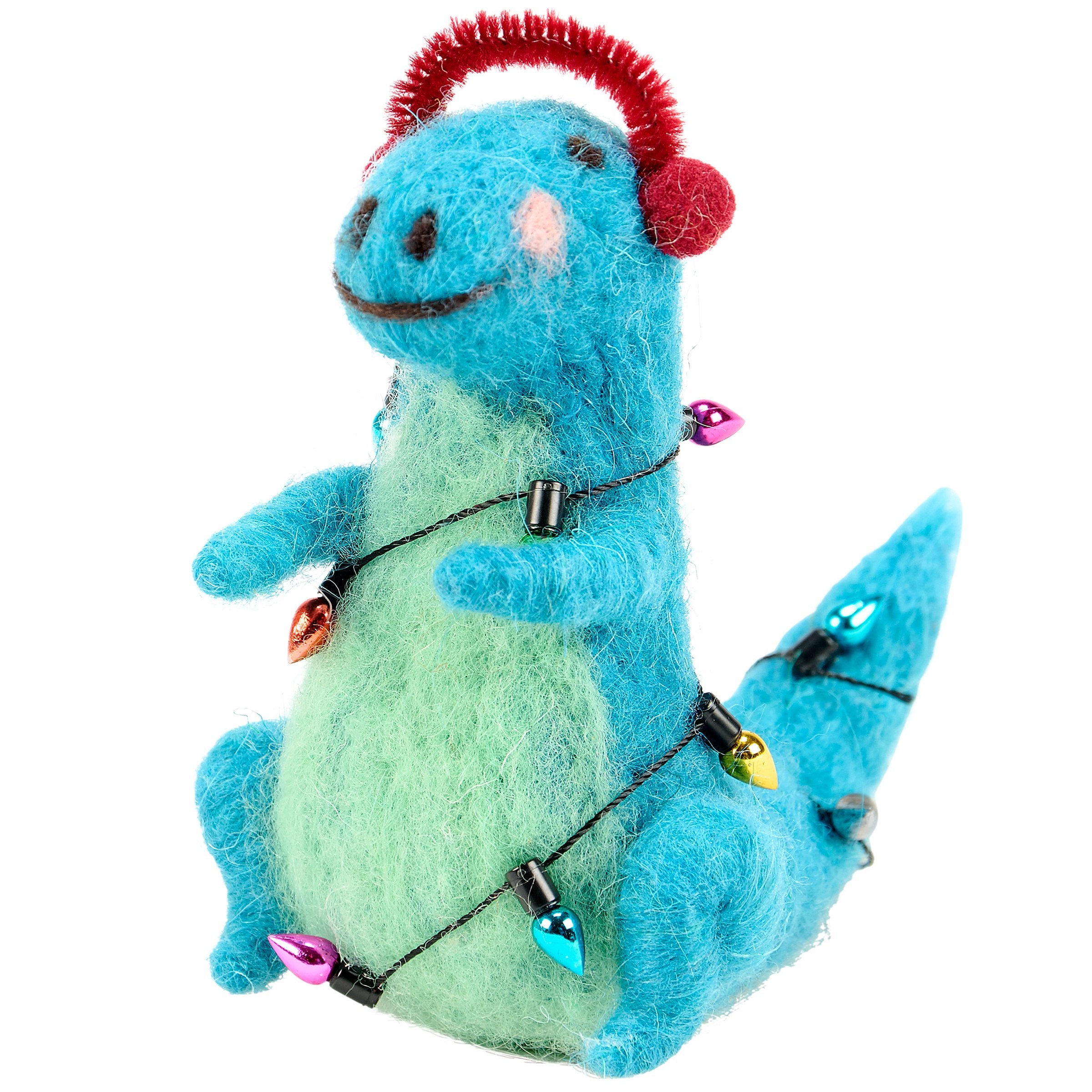 Festive Blue Tyrannosaurus Critter with Ear Muffs and Christmas Lights