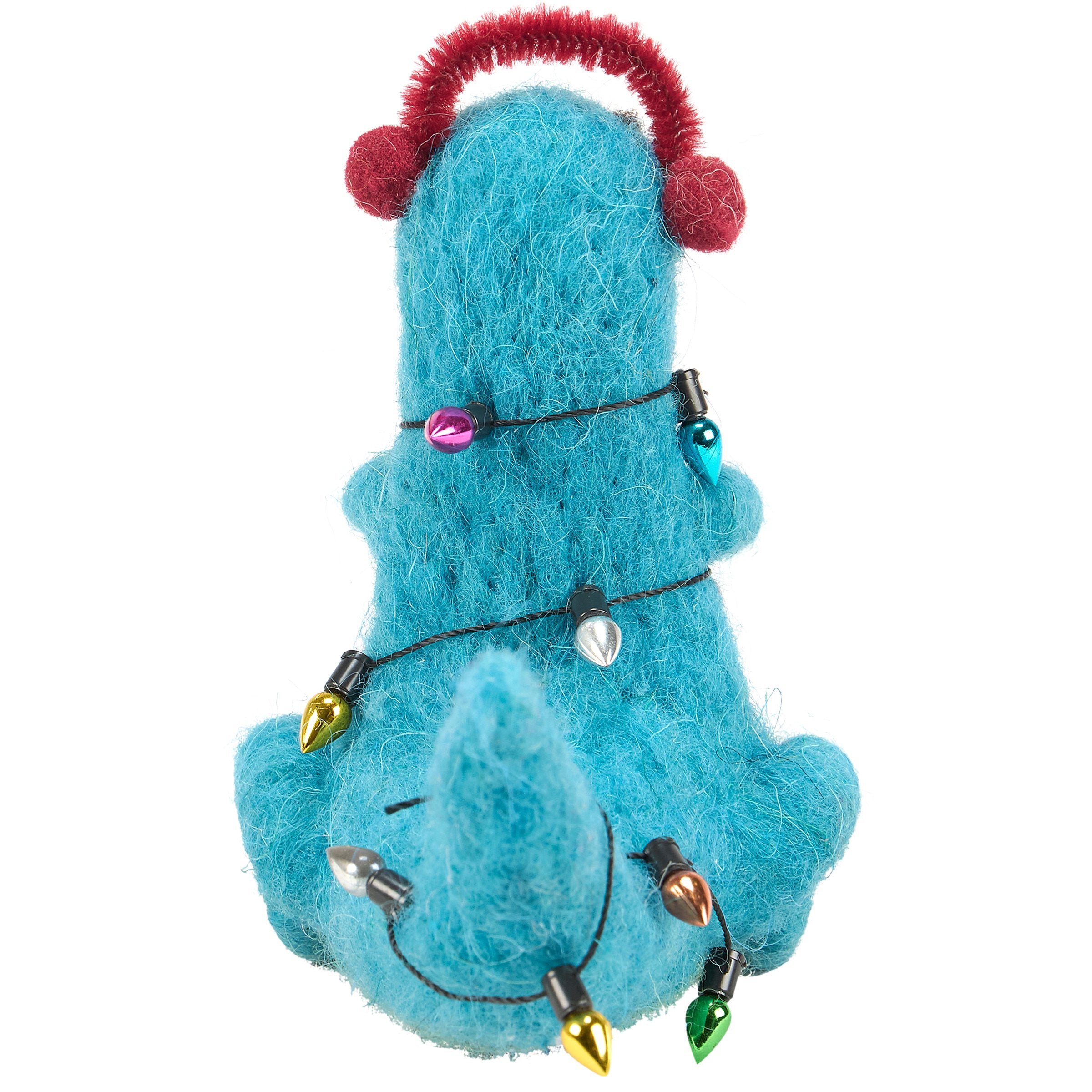 Festive Blue Tyrannosaurus Critter with Ear Muffs and Christmas Lights