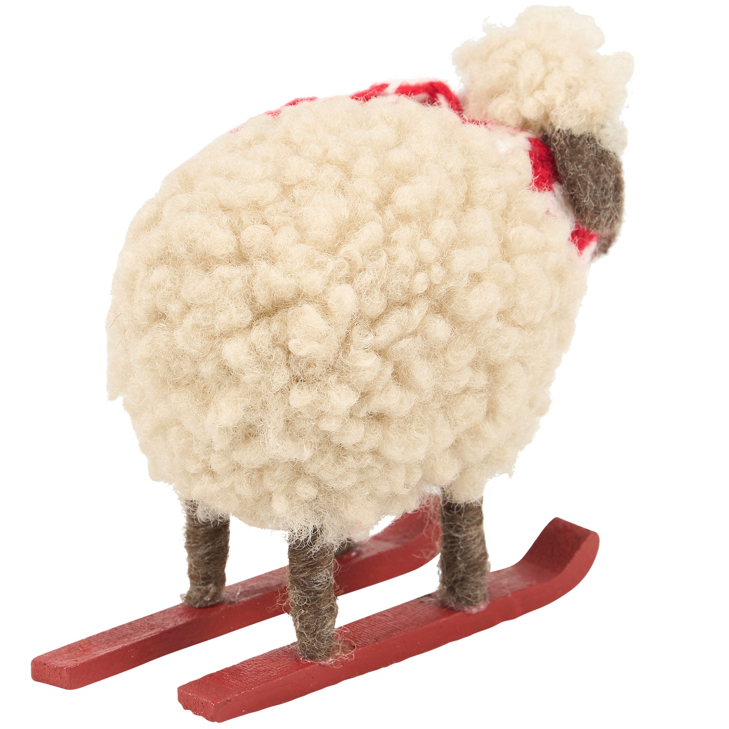 Adorable Felt Skiing Sheep Critter Figurine with Wooden Skis & Knit Scarf