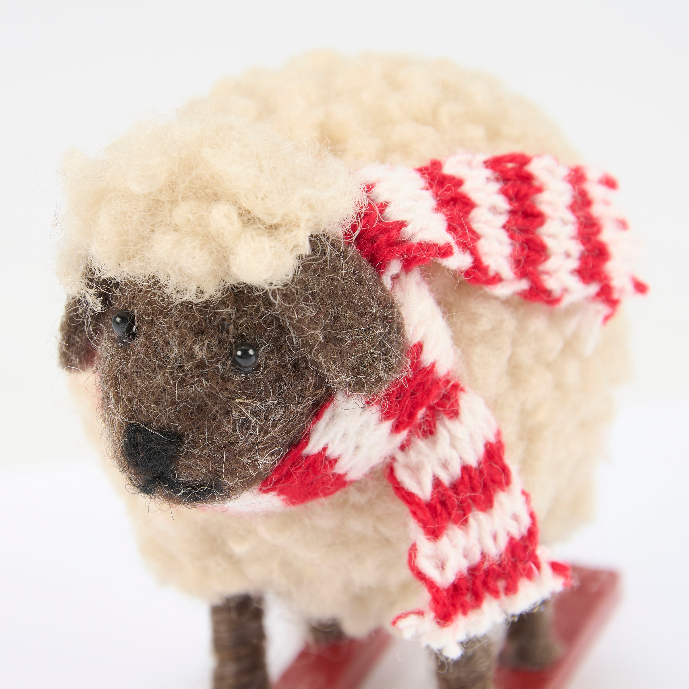 Adorable Felt Skiing Sheep Critter Figurine with Wooden Skis & Knit Scarf