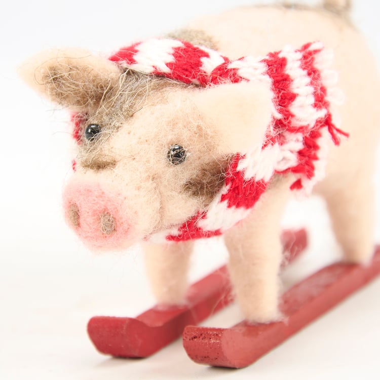 Festive Felt Skiing Kune Kune Pig Critter Wooden Skis Knit Scarf