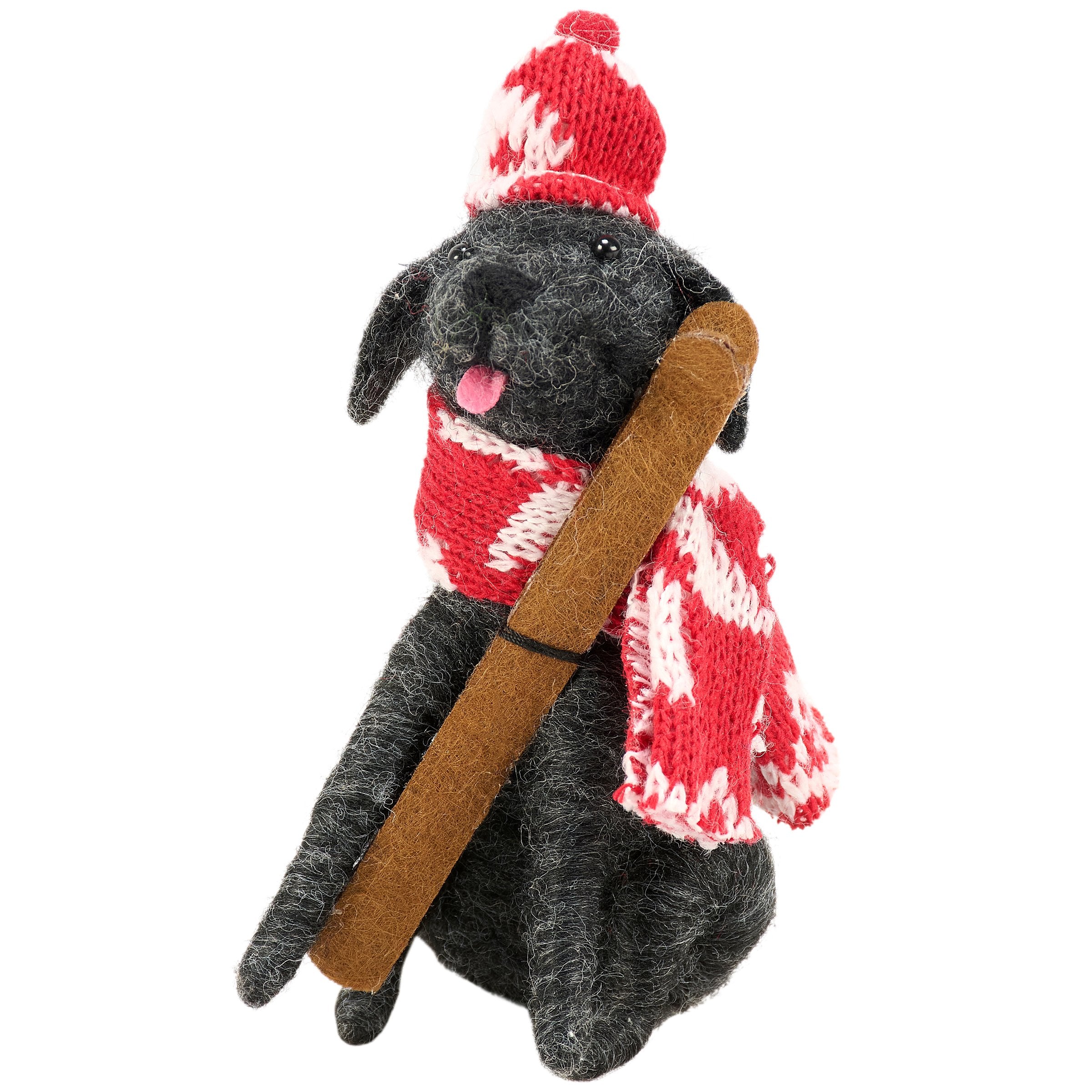 Charming Felt Ski Patrol Dog Critter with Knit Winter Accessories and Skis