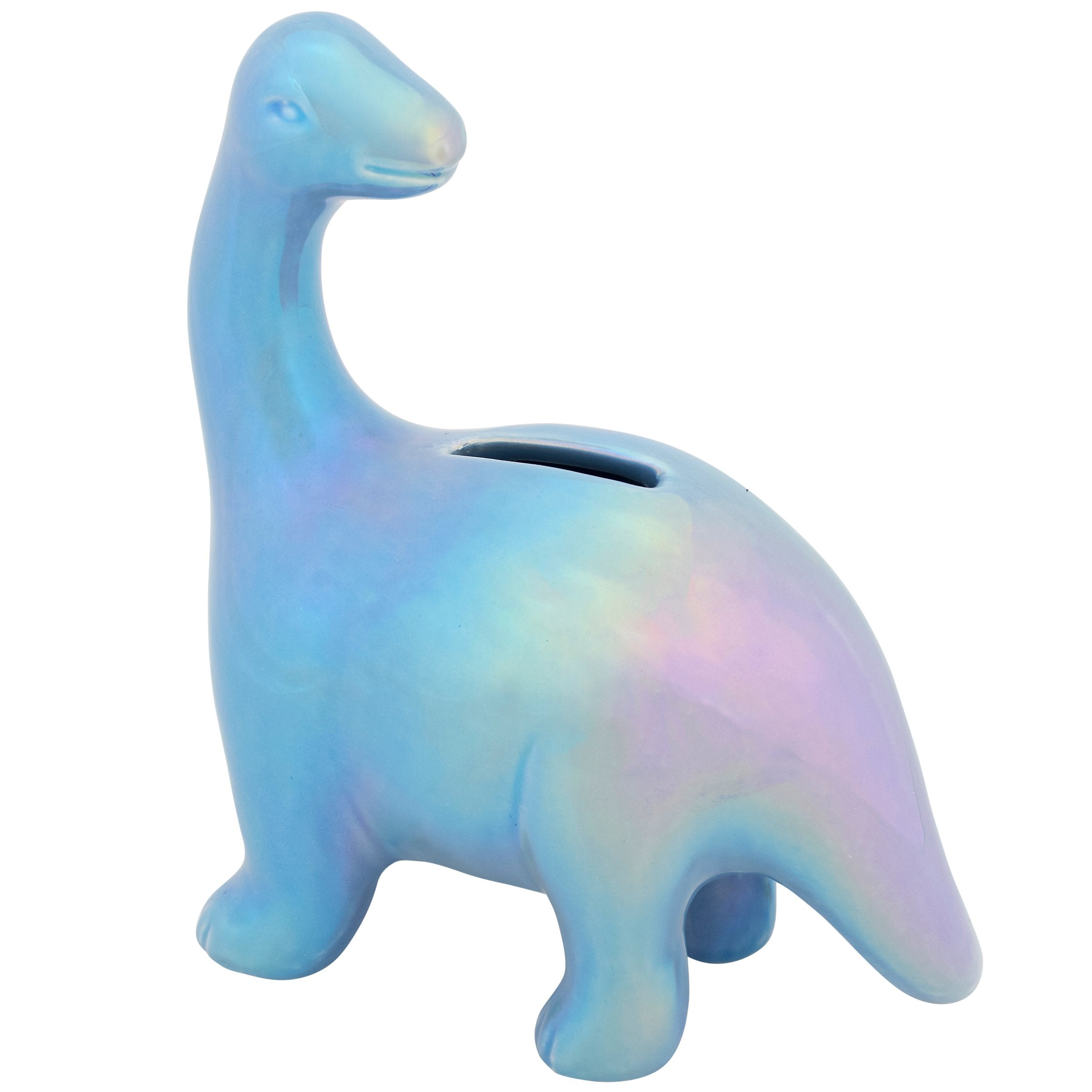 Charming Pastel Iridescent Blue Ceramic Brontosaurus Dinosaur Coin Bank