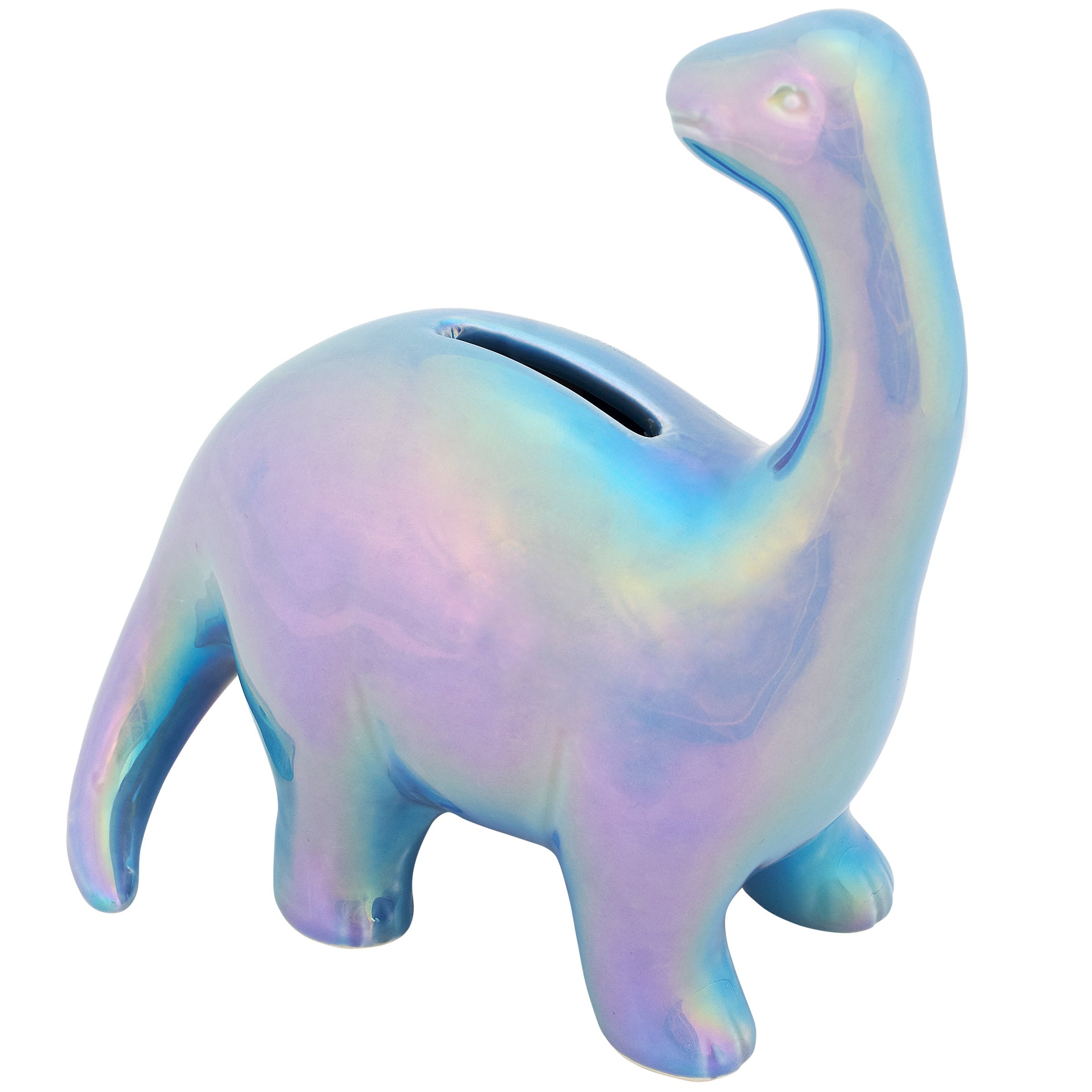 Charming Pastel Iridescent Blue Ceramic Brontosaurus Dinosaur Coin Bank
