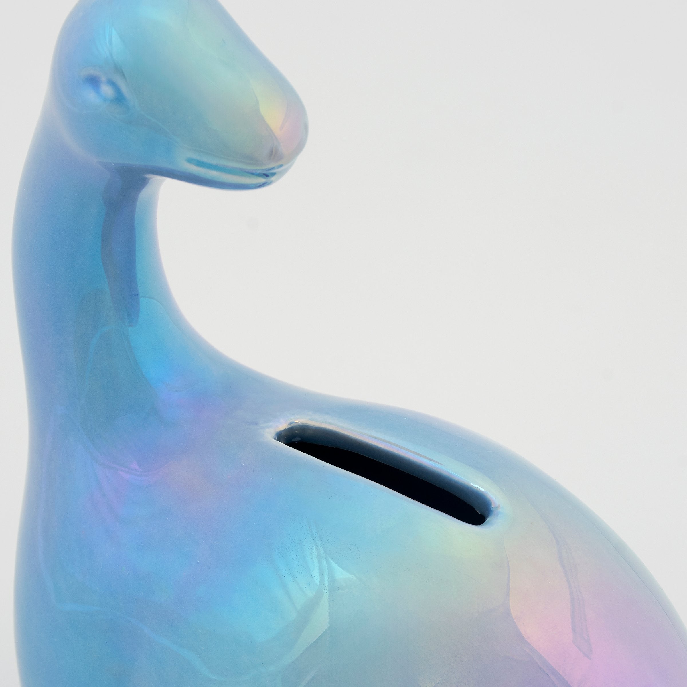 Charming Pastel Iridescent Blue Ceramic Brontosaurus Dinosaur Coin Bank