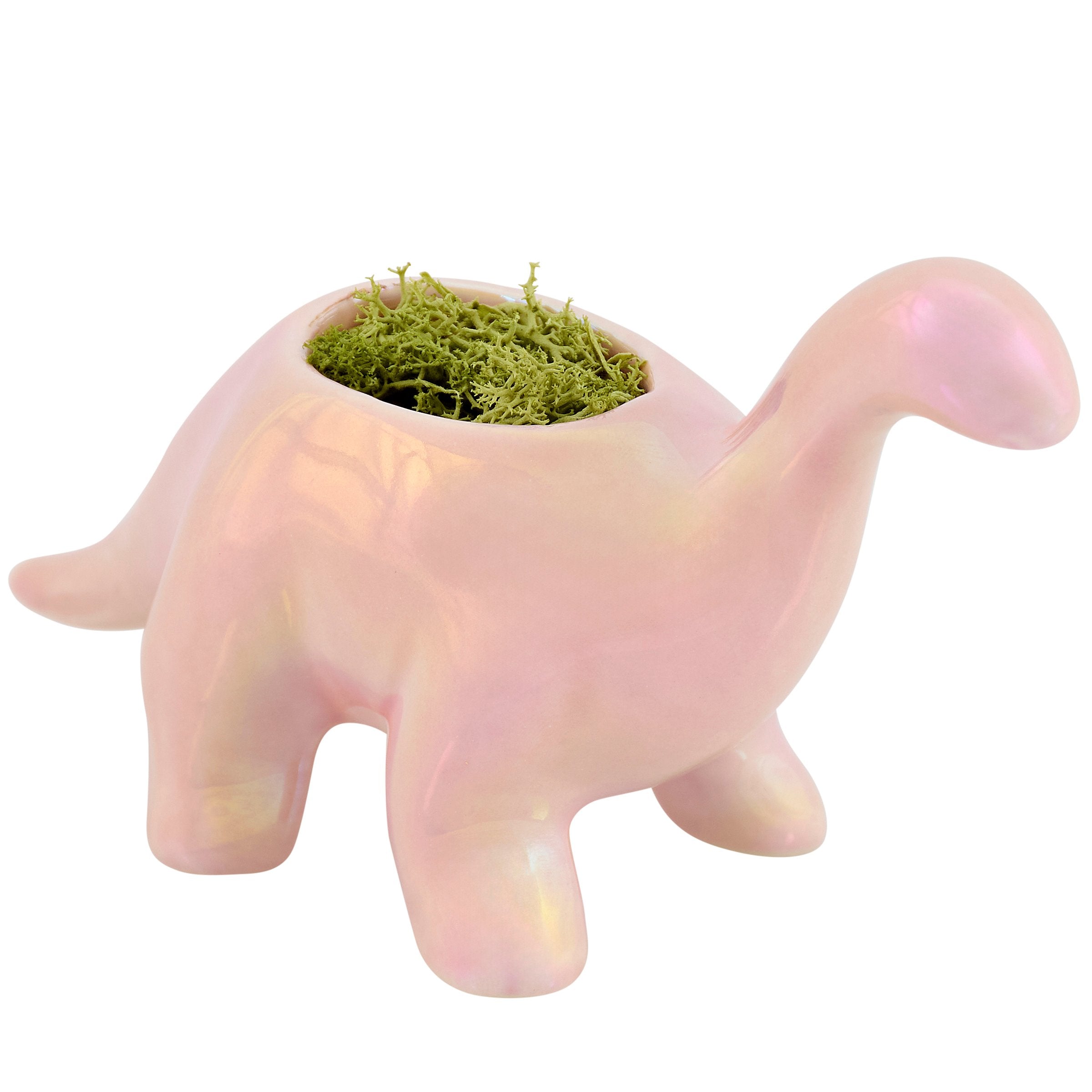 Iridescent Pink Brontosaurus Dinosaur Ceramic Planter for Cute Retro Decor