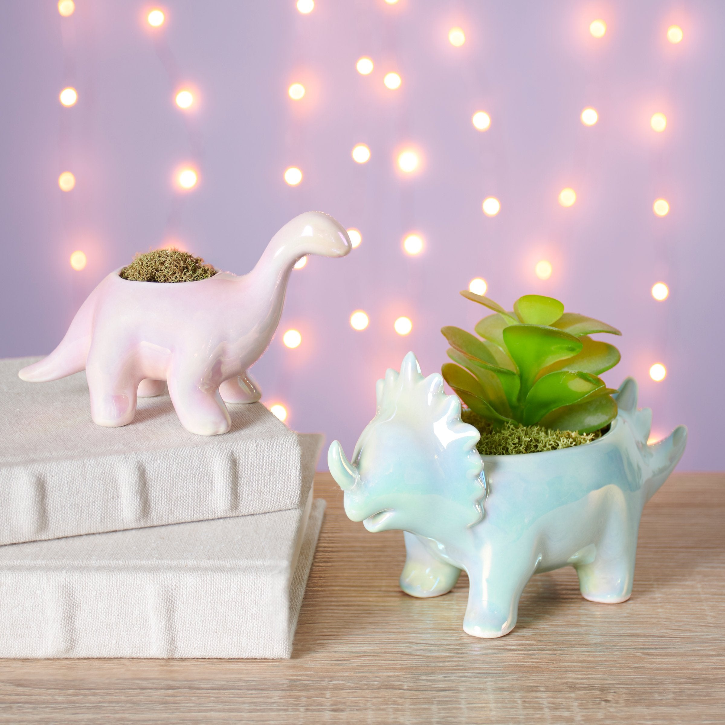 Iridescent Pink Brontosaurus Dinosaur Ceramic Planter for Cute Retro Decor
