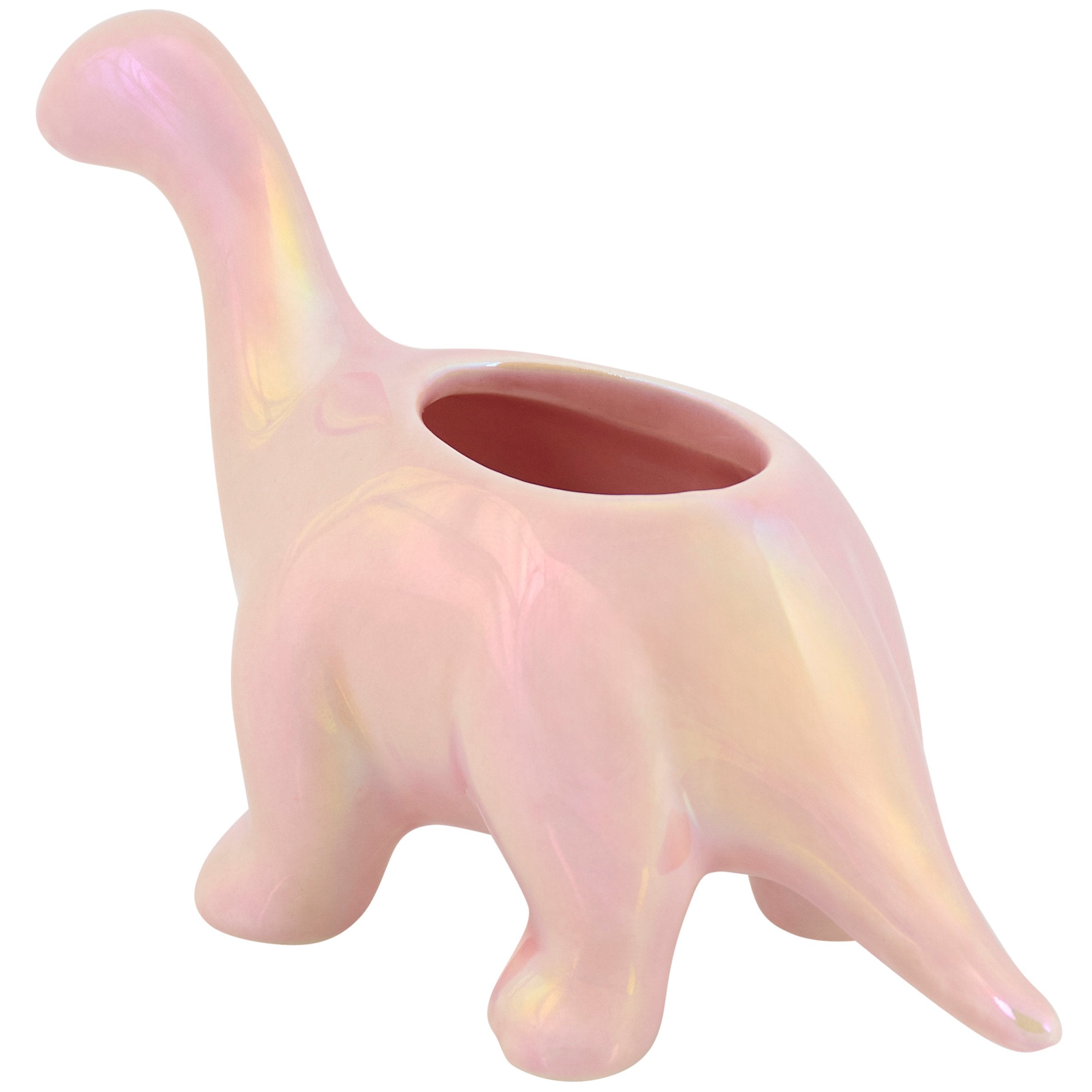 Iridescent Pink Brontosaurus Dinosaur Ceramic Planter for Cute Retro Decor