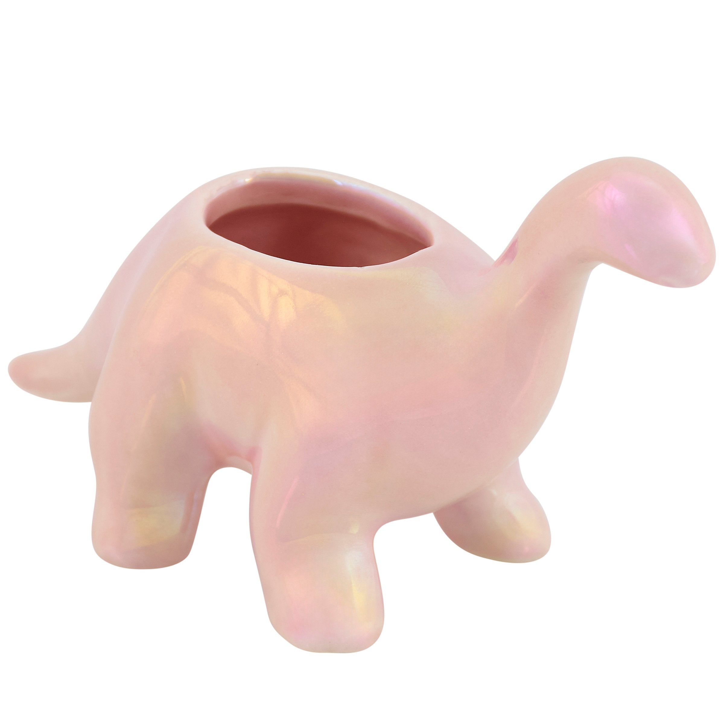 Iridescent Pink Brontosaurus Dinosaur Ceramic Planter for Cute Retro Decor