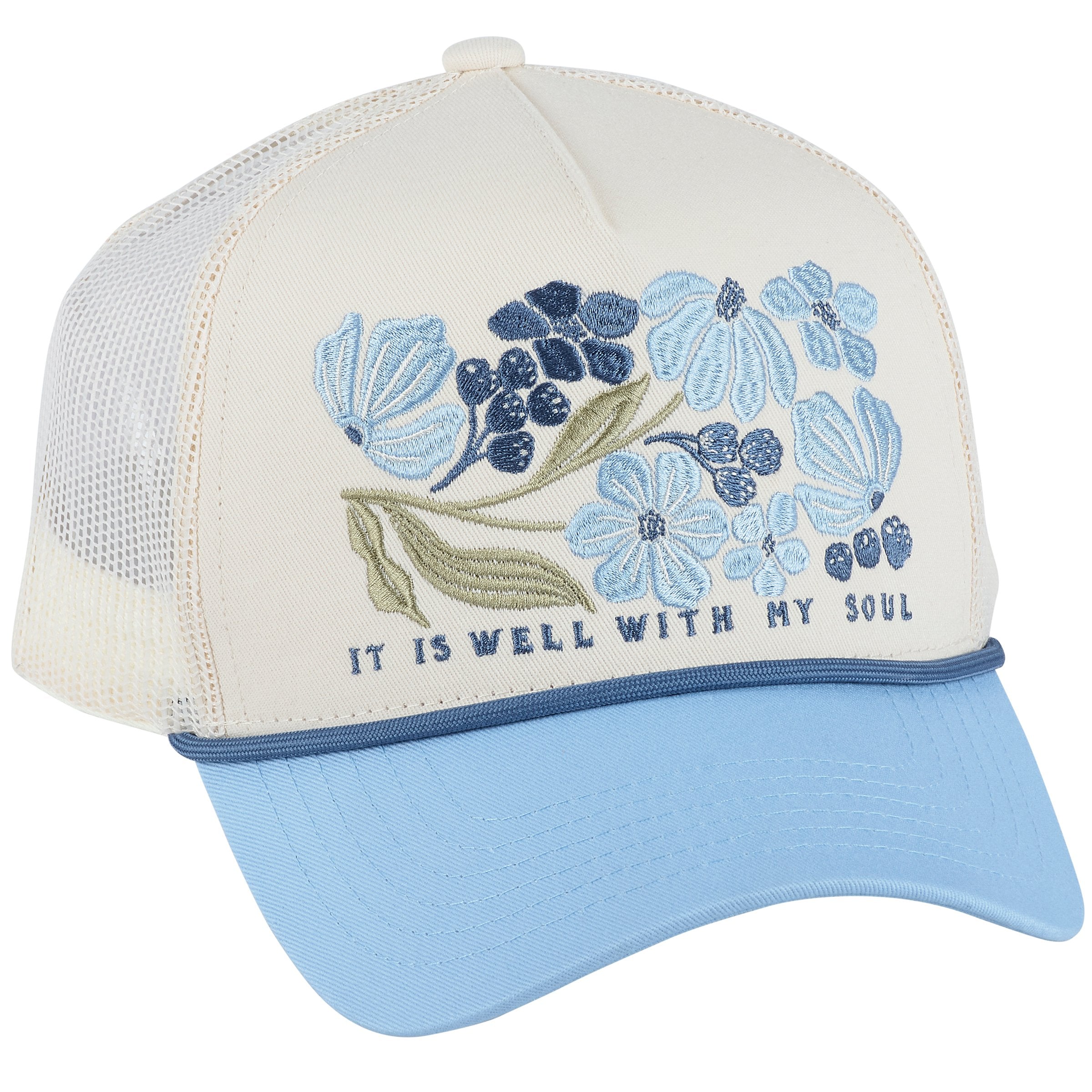 Inspirational 'It Is Well With My Soul' Embroidered Floral Cotton Trucker Hat