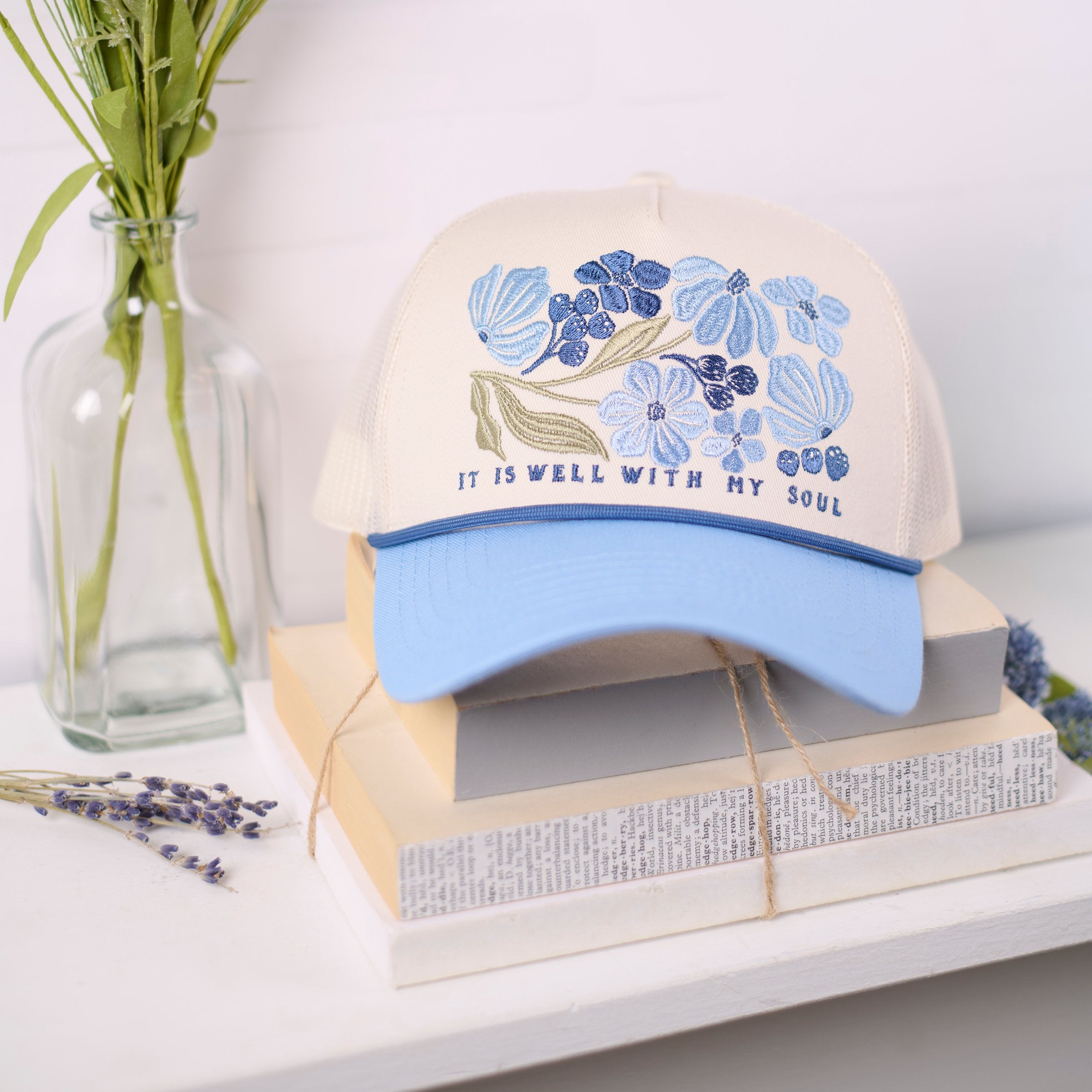 Inspirational 'It Is Well With My Soul' Embroidered Floral Cotton Trucker Hat