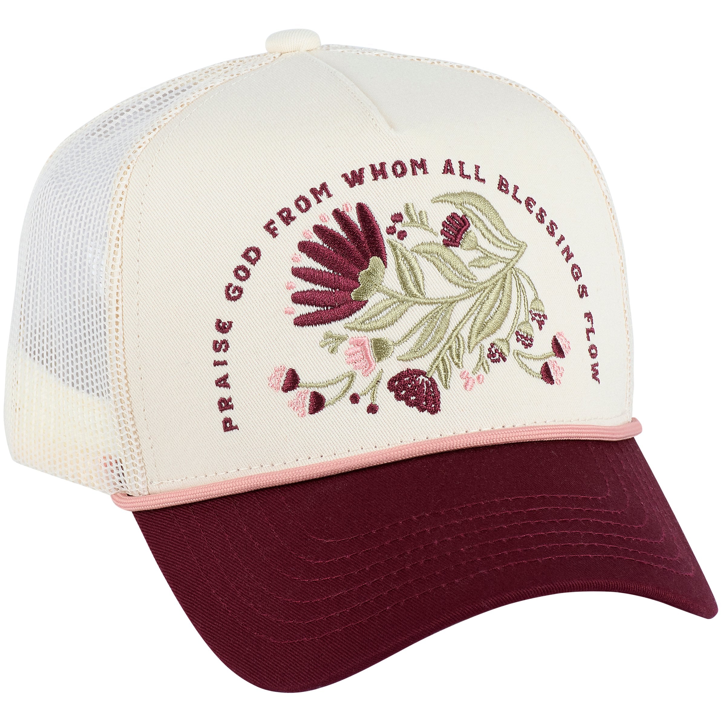 Faith-Inspired Floral Trucker Hat: Embroidered 'Praise God' Design, Adjustable Fit