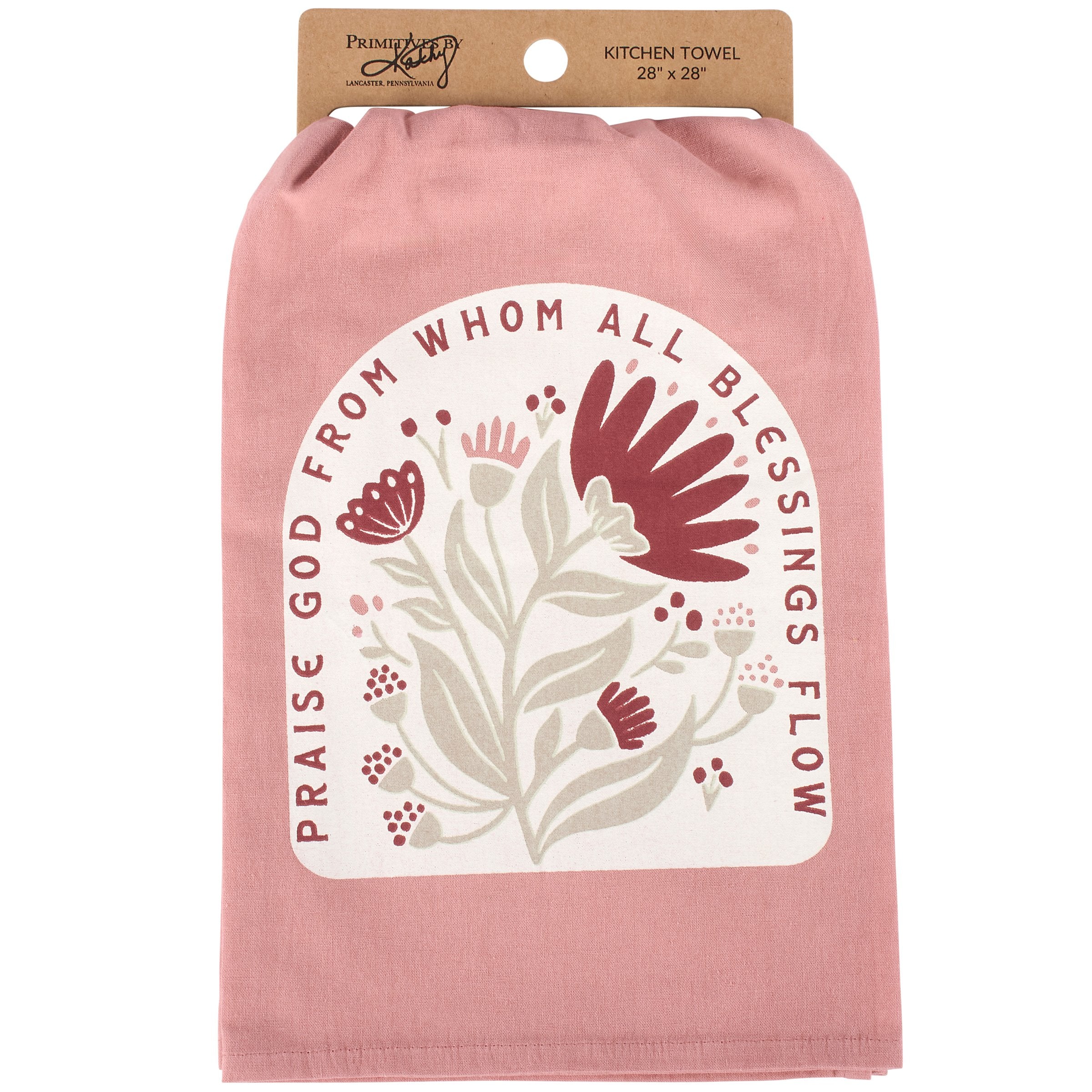 Pink Floral Faith-Inspired Cotton Kitchen Towel - 'Praise God' Design
