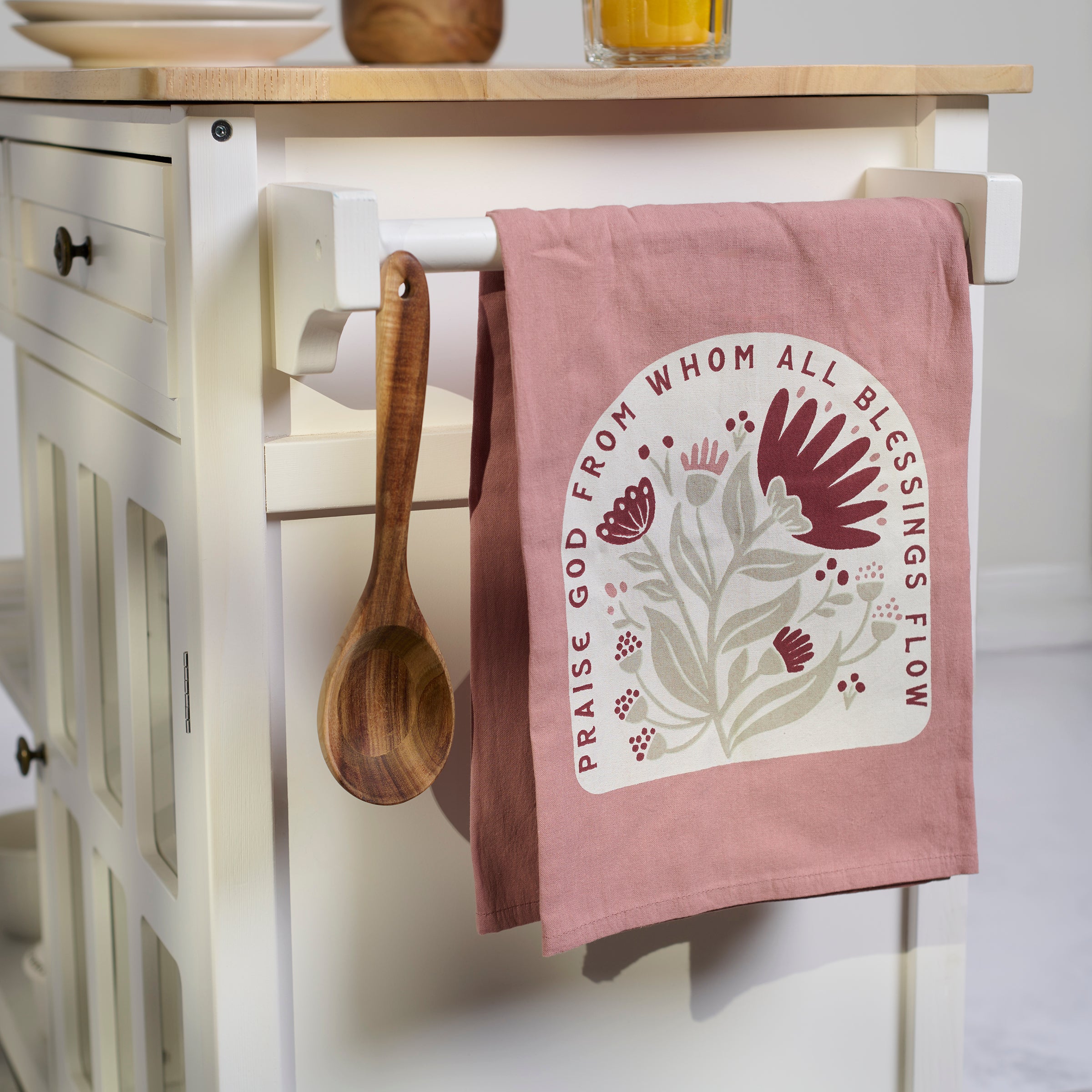 Pink Floral Faith-Inspired Cotton Kitchen Towel - 'Praise God' Design