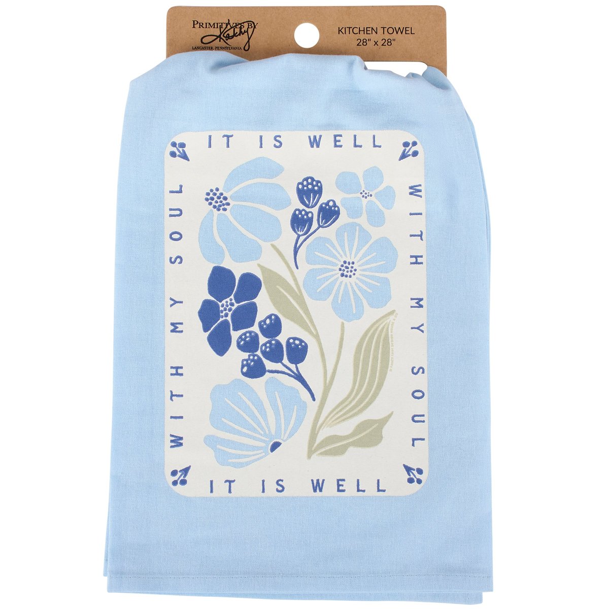 Inspirational 'It Is Well With My Soul' Light Blue Floral Cotton Kitchen Towel