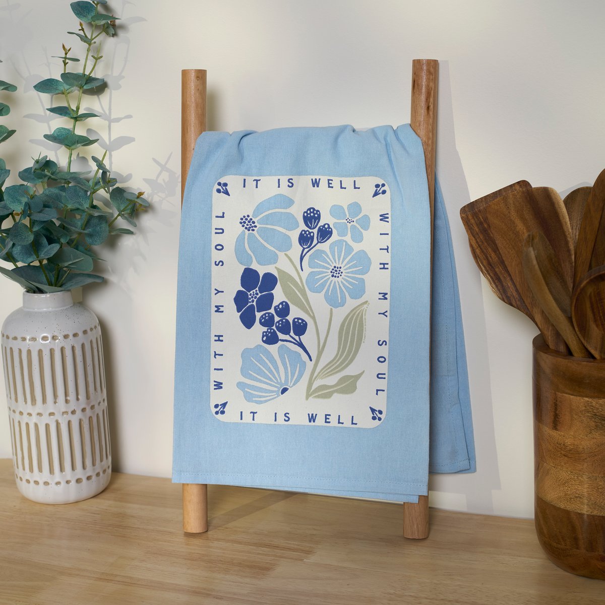 Inspirational 'It Is Well With My Soul' Light Blue Floral Cotton Kitchen Towel