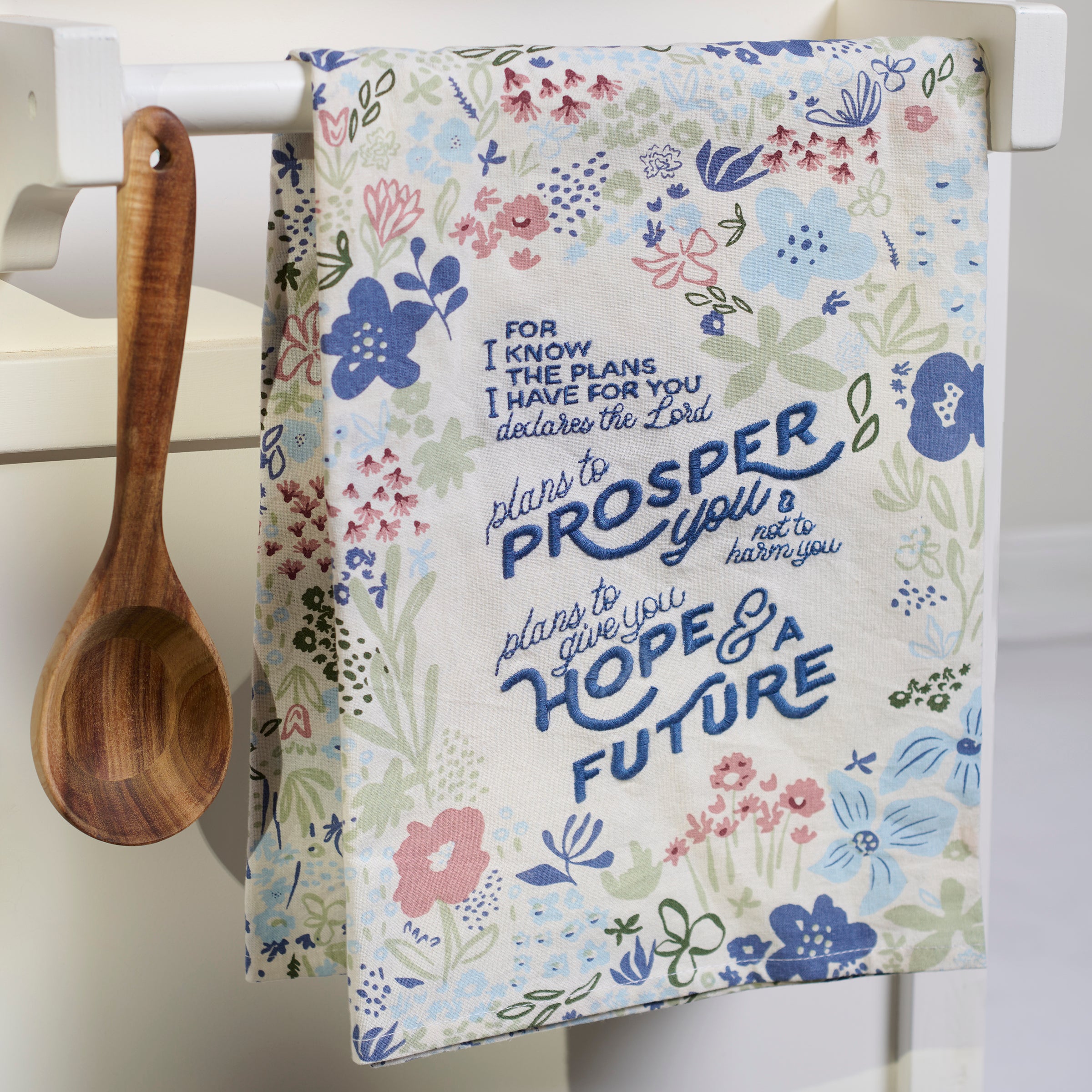 Inspirational Cotton Kitchen Towel: Prosper You & Hope Scripture Botanical Design