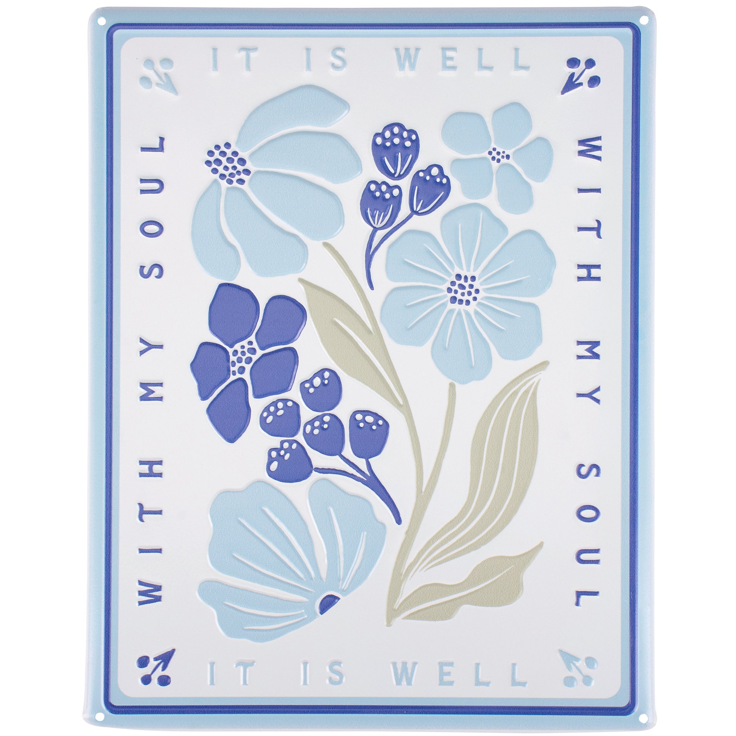 Uplifting 'It Is Well With My Soul' Metal Wall Art Blue Floral Design