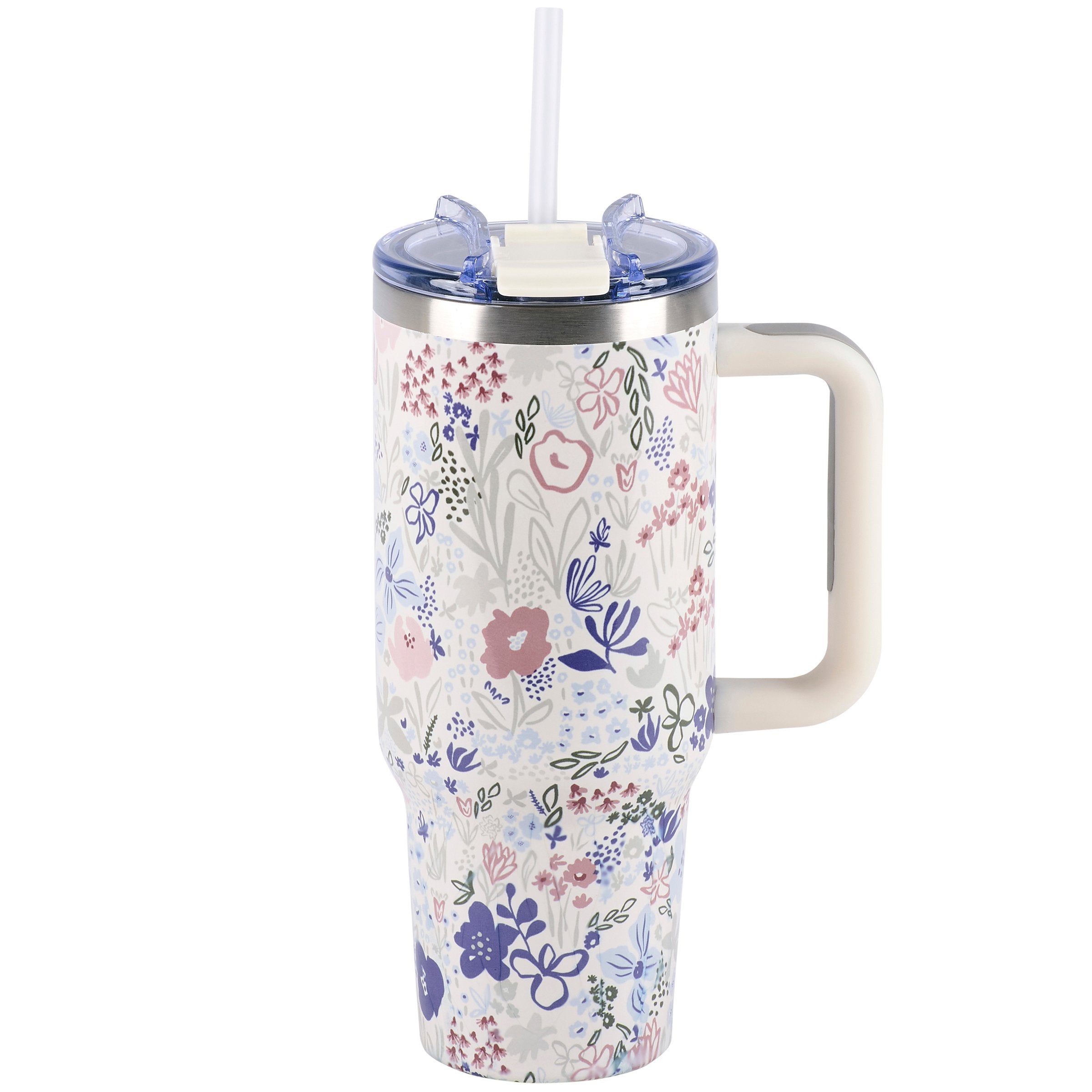 Blue Floral Insulated Travel Mug with Handle & Straw, 40oz Stainless Steel