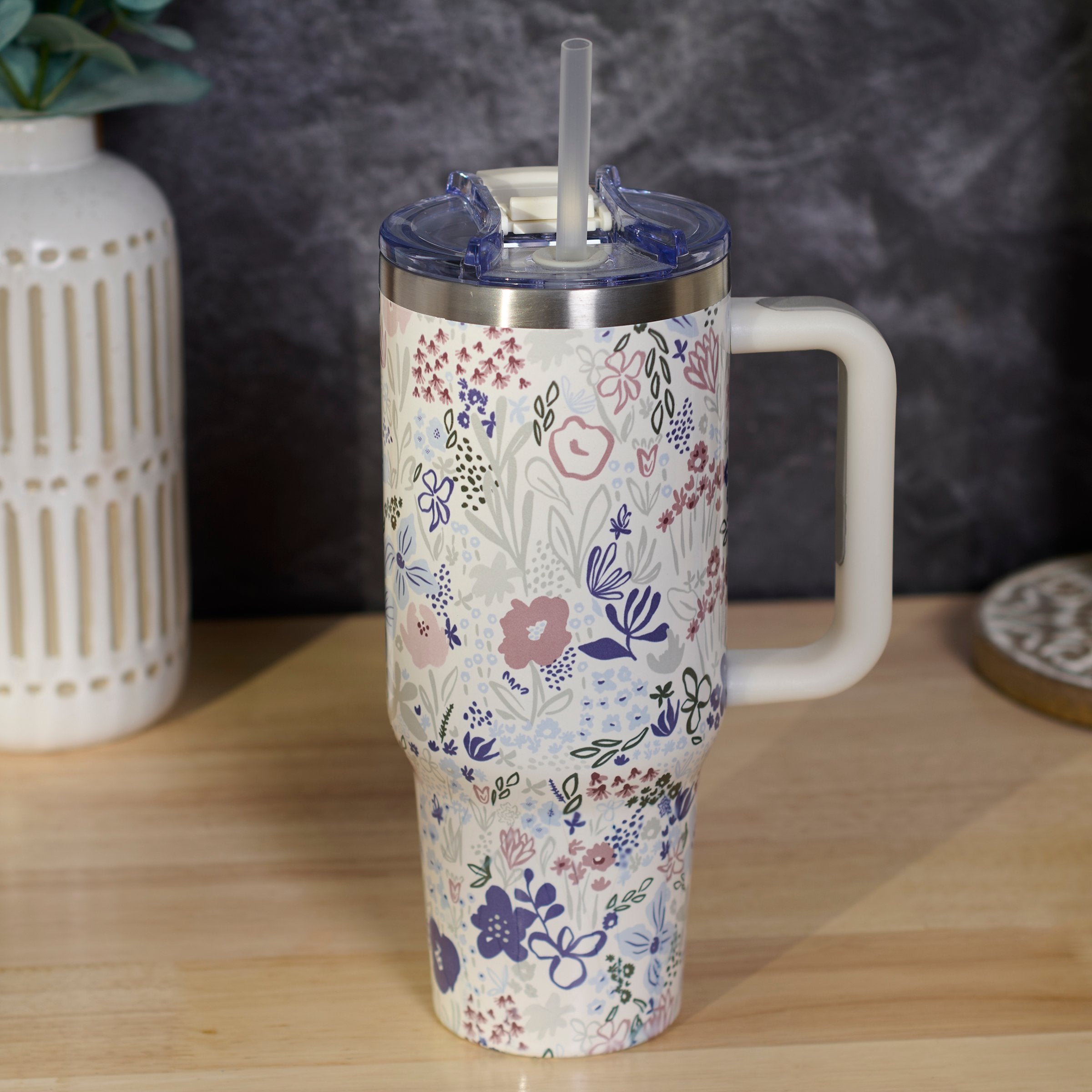 Blue Floral Insulated Travel Mug with Handle & Straw, 40oz Stainless Steel