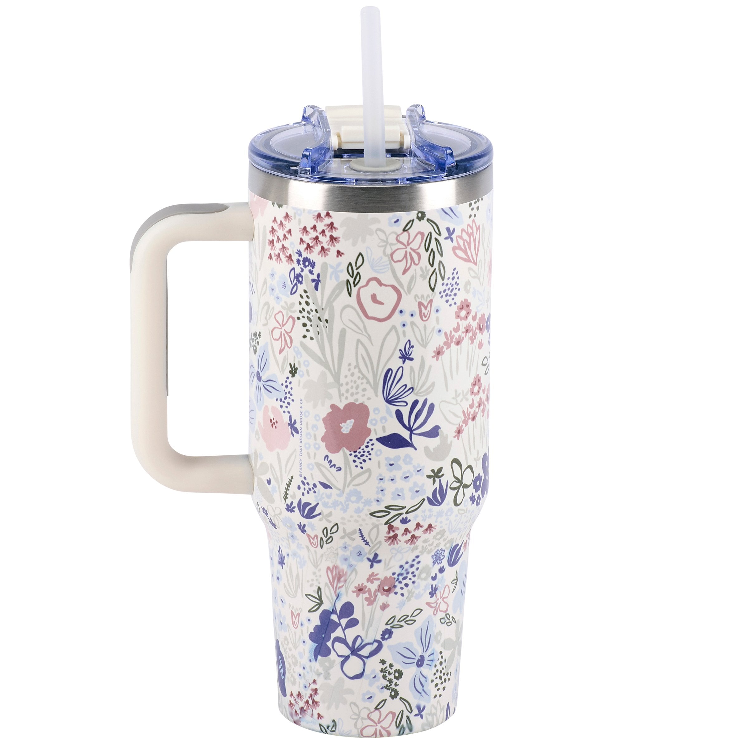 Blue Floral Insulated Travel Mug with Handle & Straw, 40oz Stainless Steel