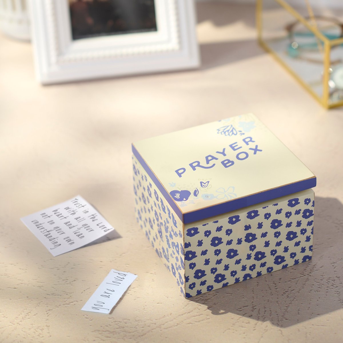 Decorative Blue Floral Prayer Box with Hinged Lid for Safe Keeping Wishes