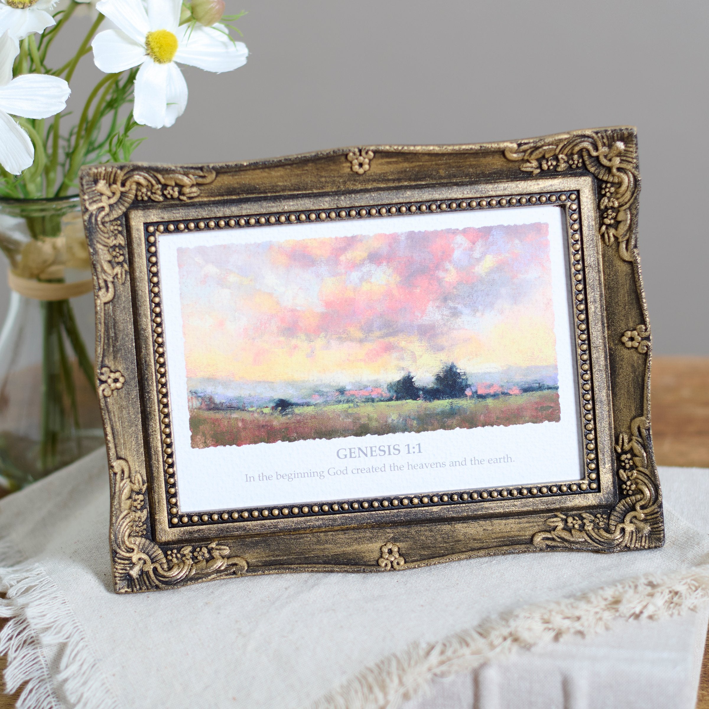 Inspirational Genesis 1:1 Heavens and Earth Framed Art with Ornate Vintage Style