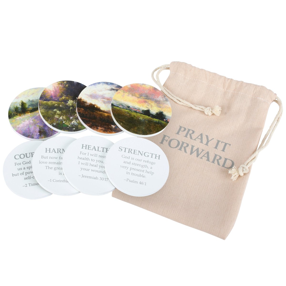Pray It Forward Wooden Tokens Set with Inspirational Scripture & Muslin Bag