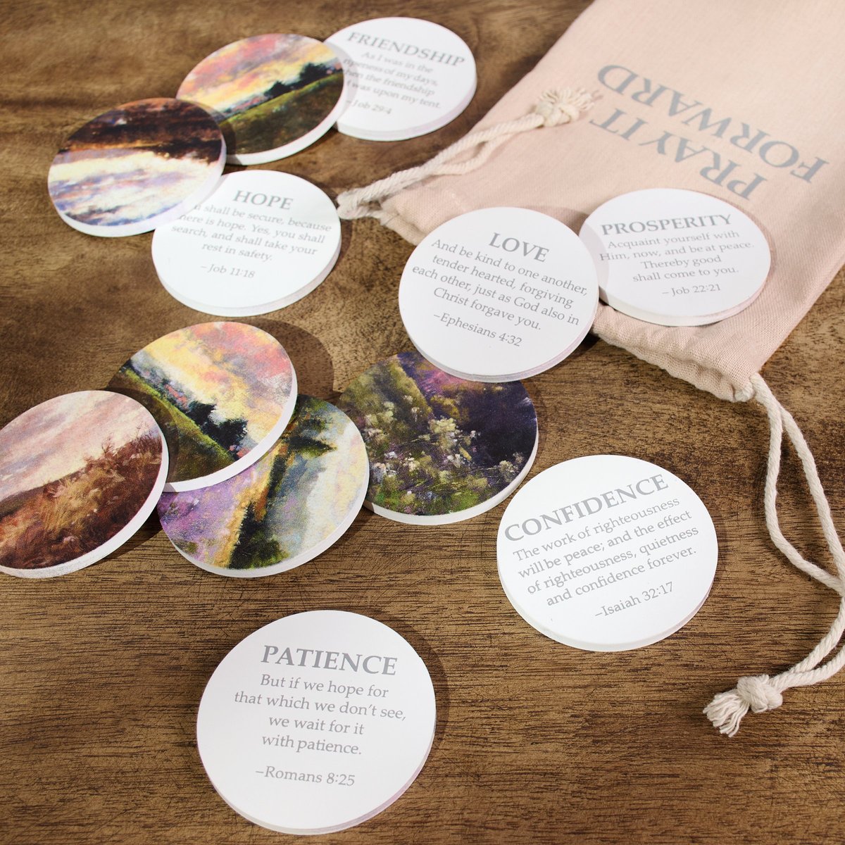 Pray It Forward Wooden Tokens Set with Inspirational Scripture & Muslin Bag