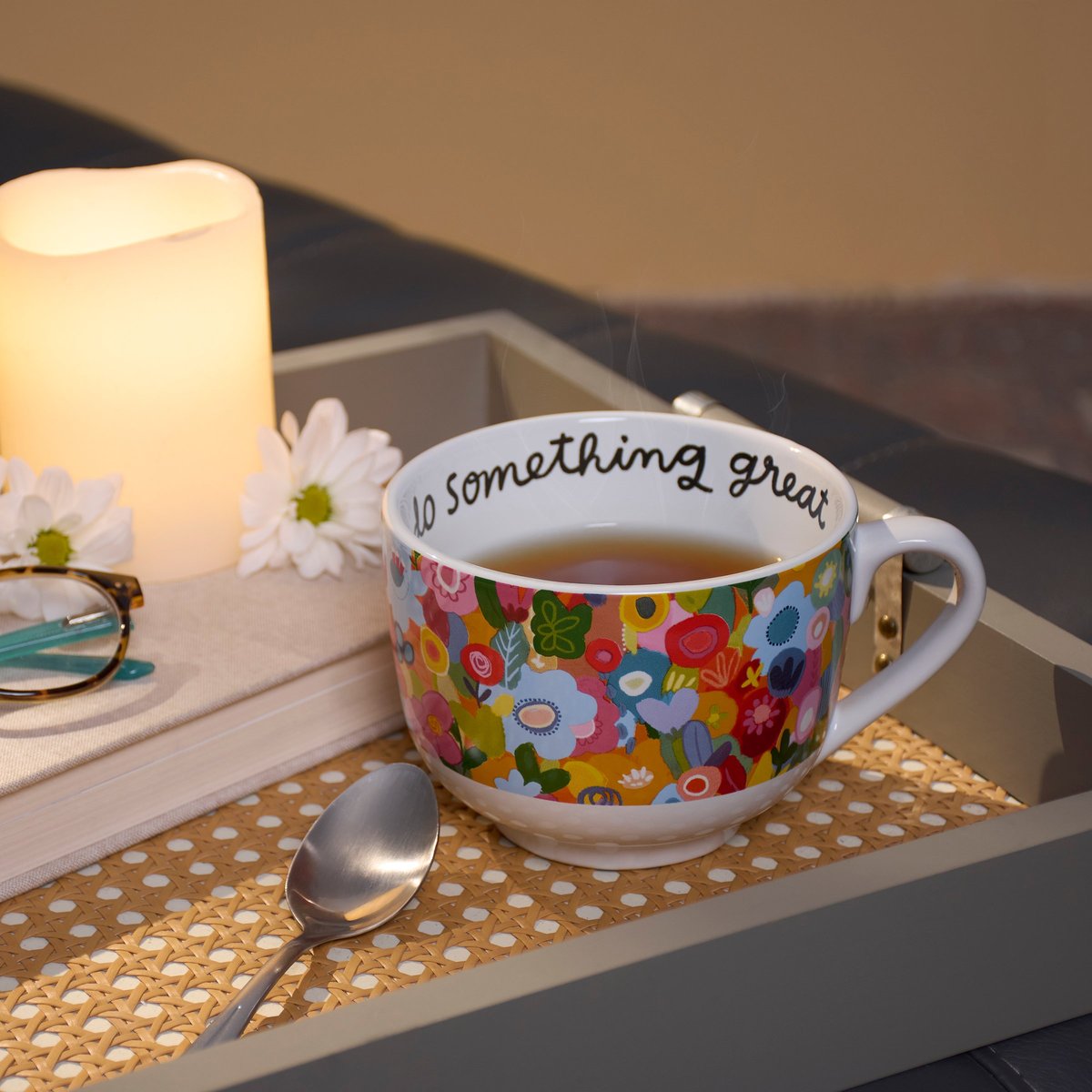 Vibrant Floral Stoneware 'Do Something Great' Inspirational Coffee Tea Mug