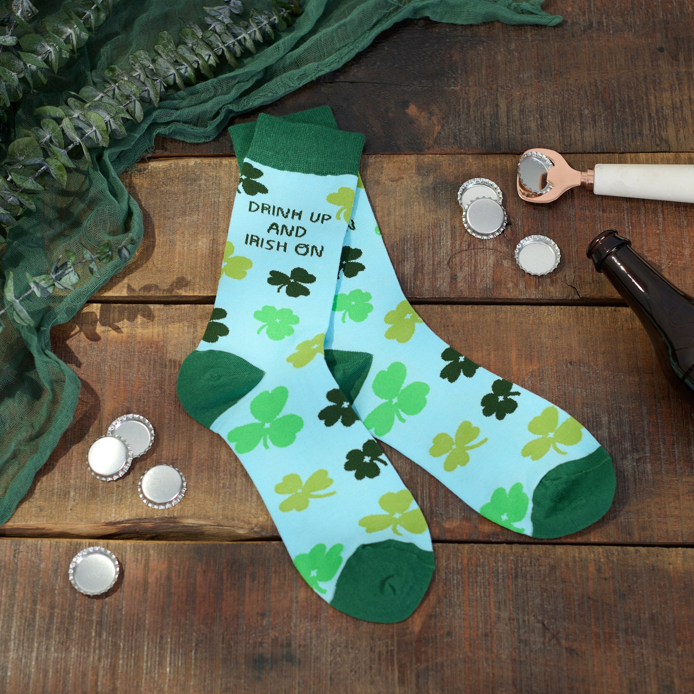 Hilarious St. Patrick's Day 'Drink Up And Irish On' Shamrock Socks - Cotton Blend