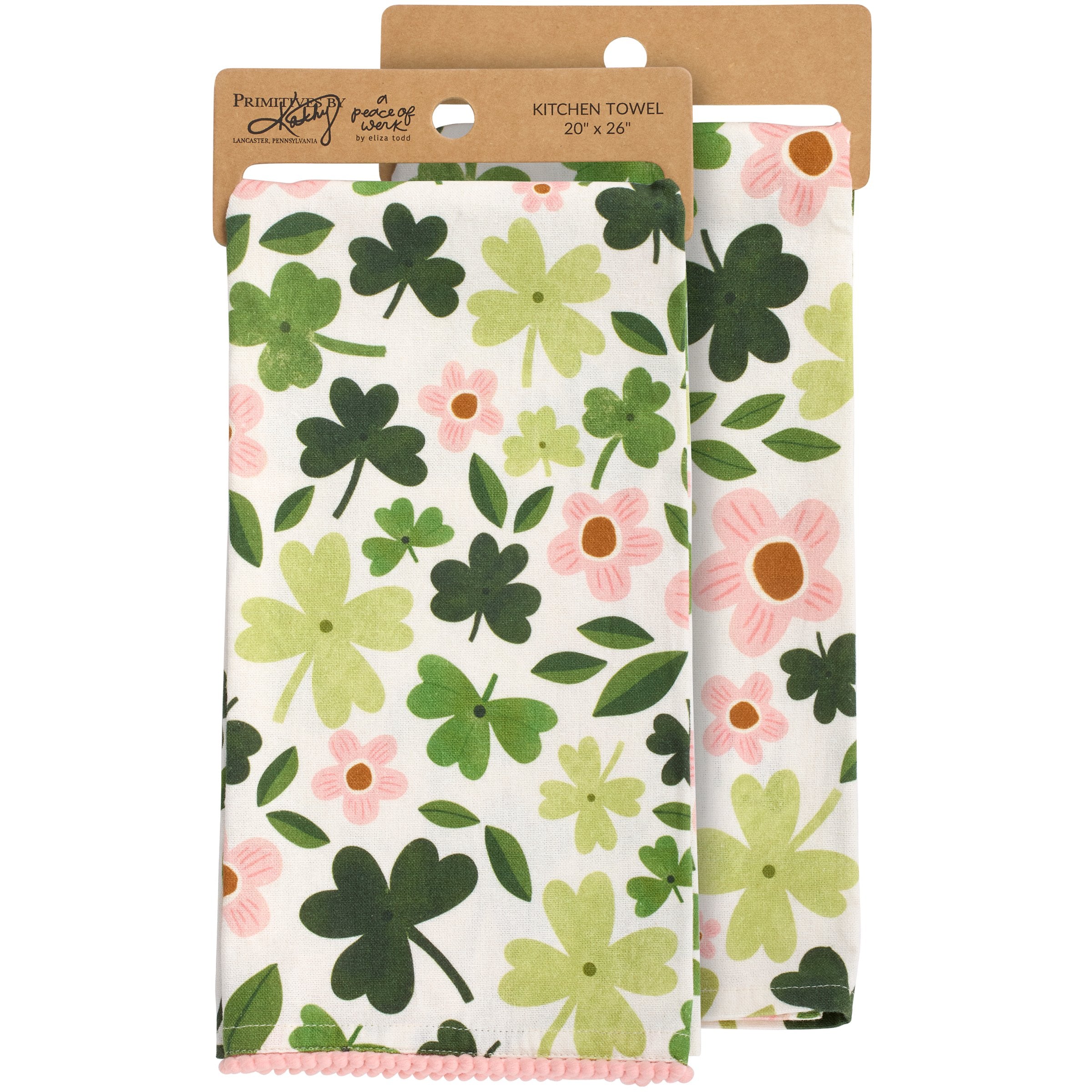 Festive St. Patrick's Day Shamrock Cotton Kitchen Towel with Pink Pom Trim
