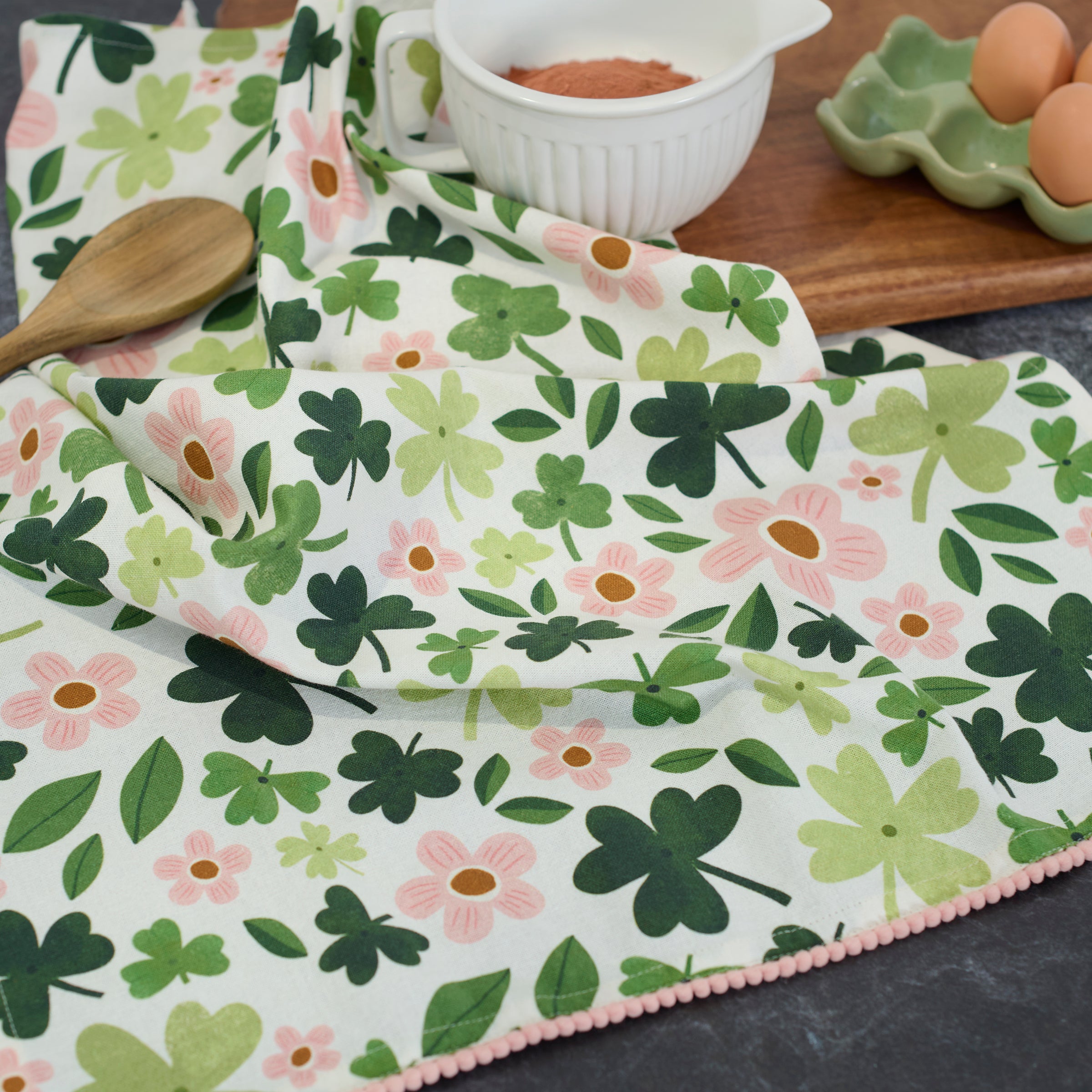 Festive St. Patrick's Day Shamrock Cotton Kitchen Towel with Pink Pom Trim
