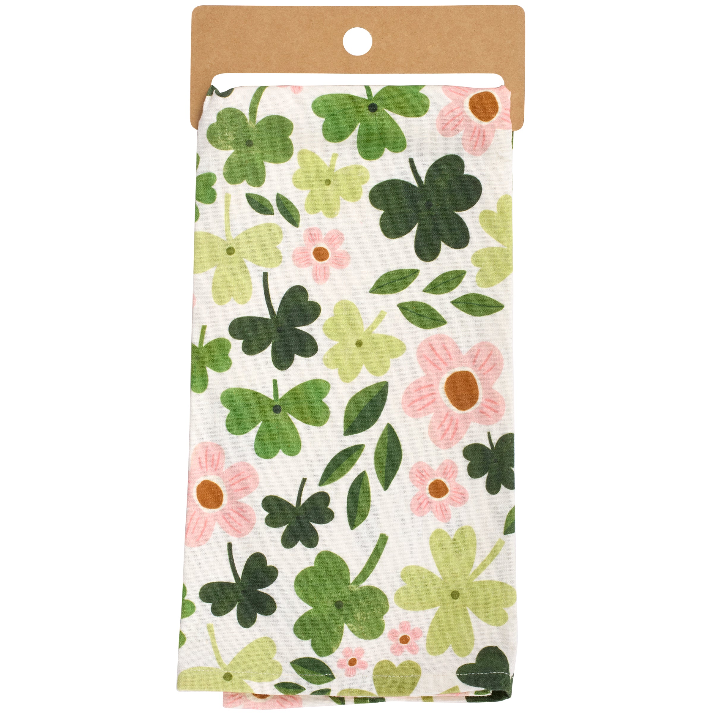 Festive St. Patrick's Day Shamrock Cotton Kitchen Towel with Pink Pom Trim