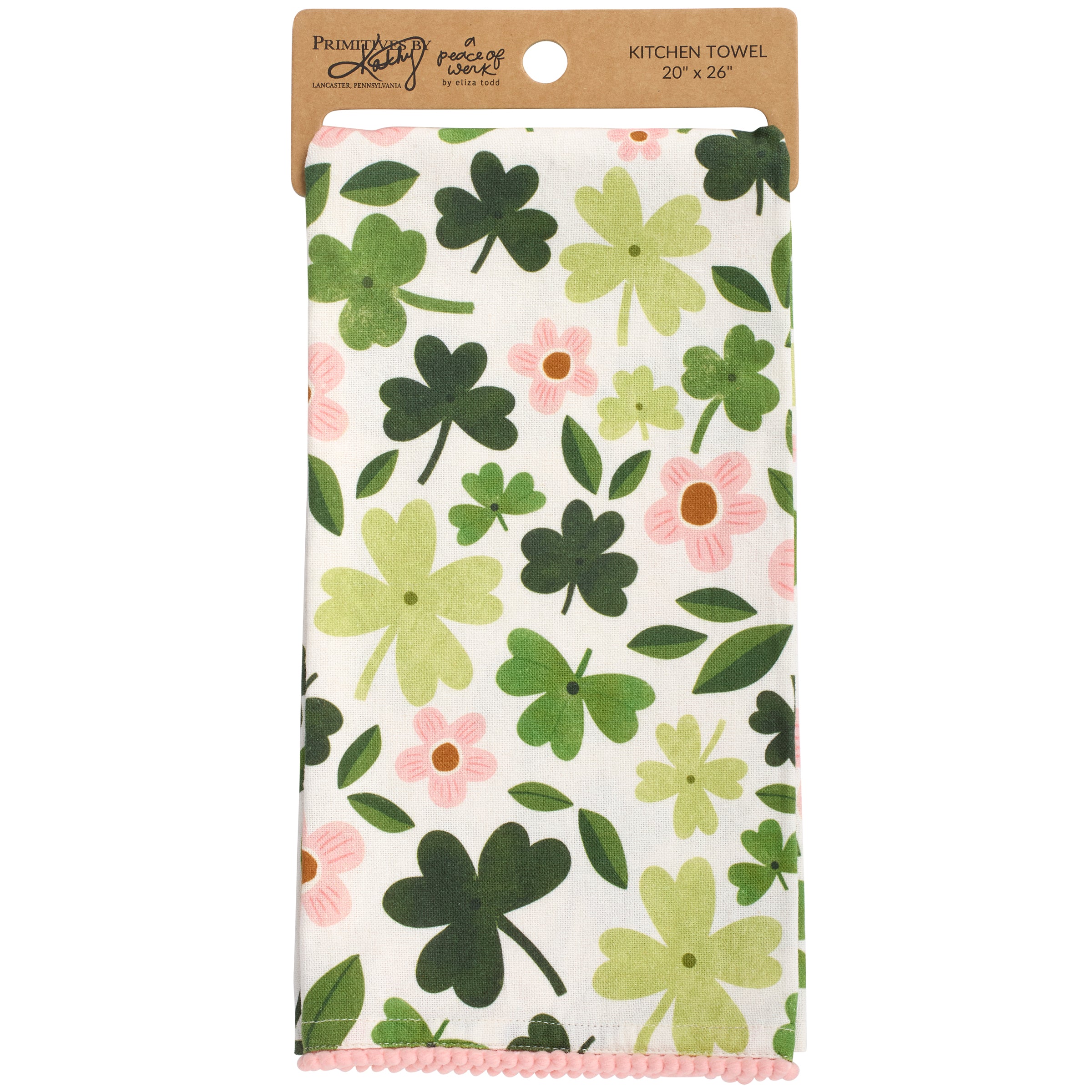 Festive St. Patrick's Day Shamrock Cotton Kitchen Towel with Pink Pom Trim
