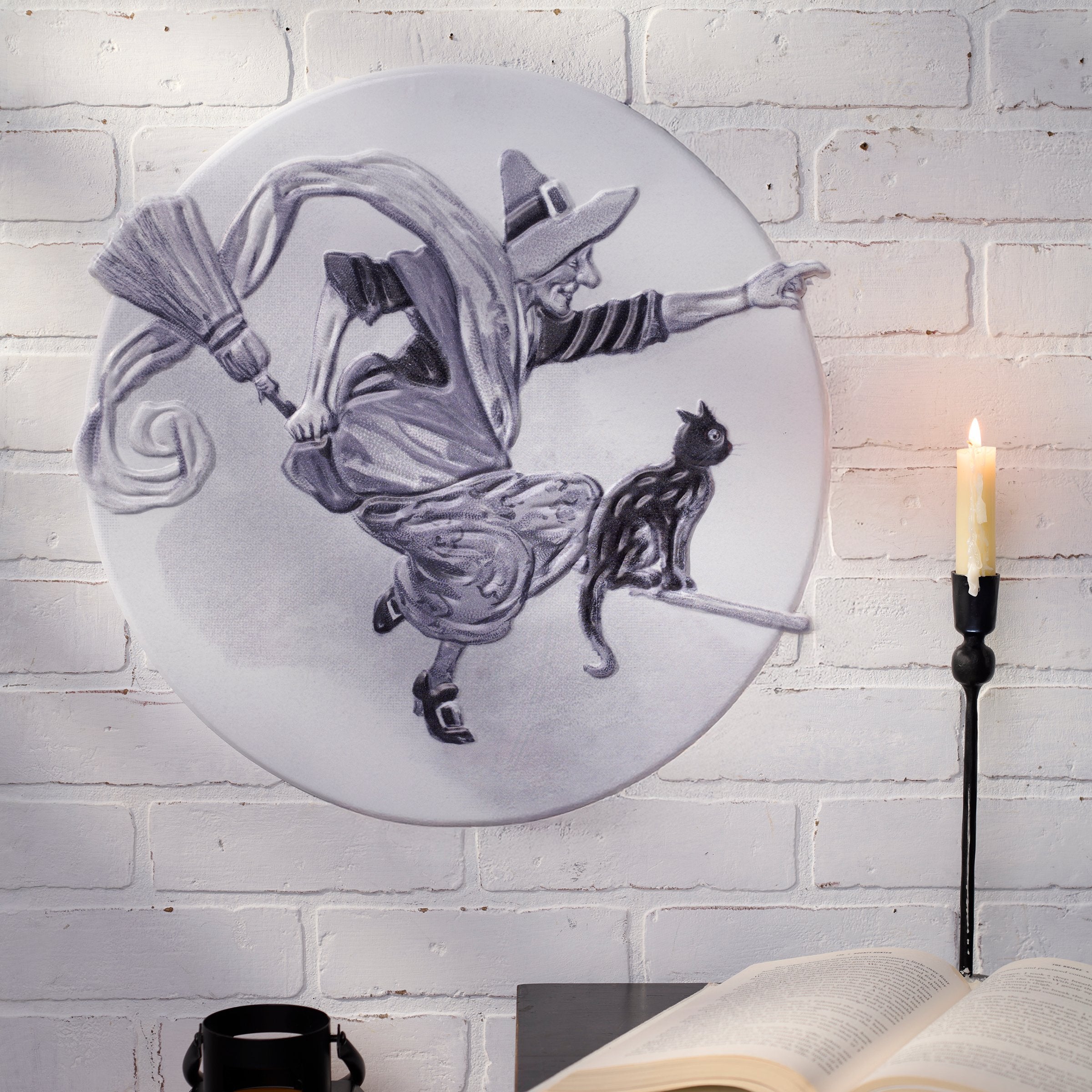Spooky Nimbus Witch & Black Cat Metal Wall Decor Halloween Accent