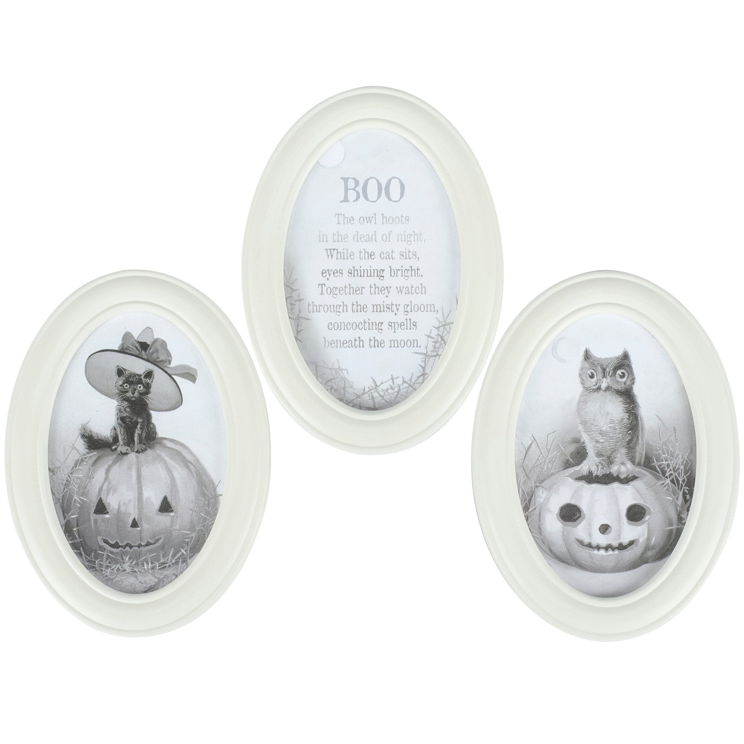 Spooky Neutral White Halloween Hanging Decor Set with Owl, Cat, Poem
