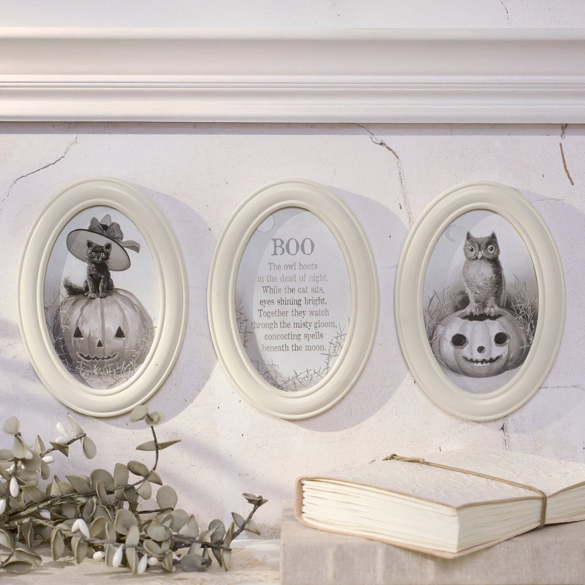 Spooky Neutral White Halloween Hanging Decor Set with Owl, Cat, Poem