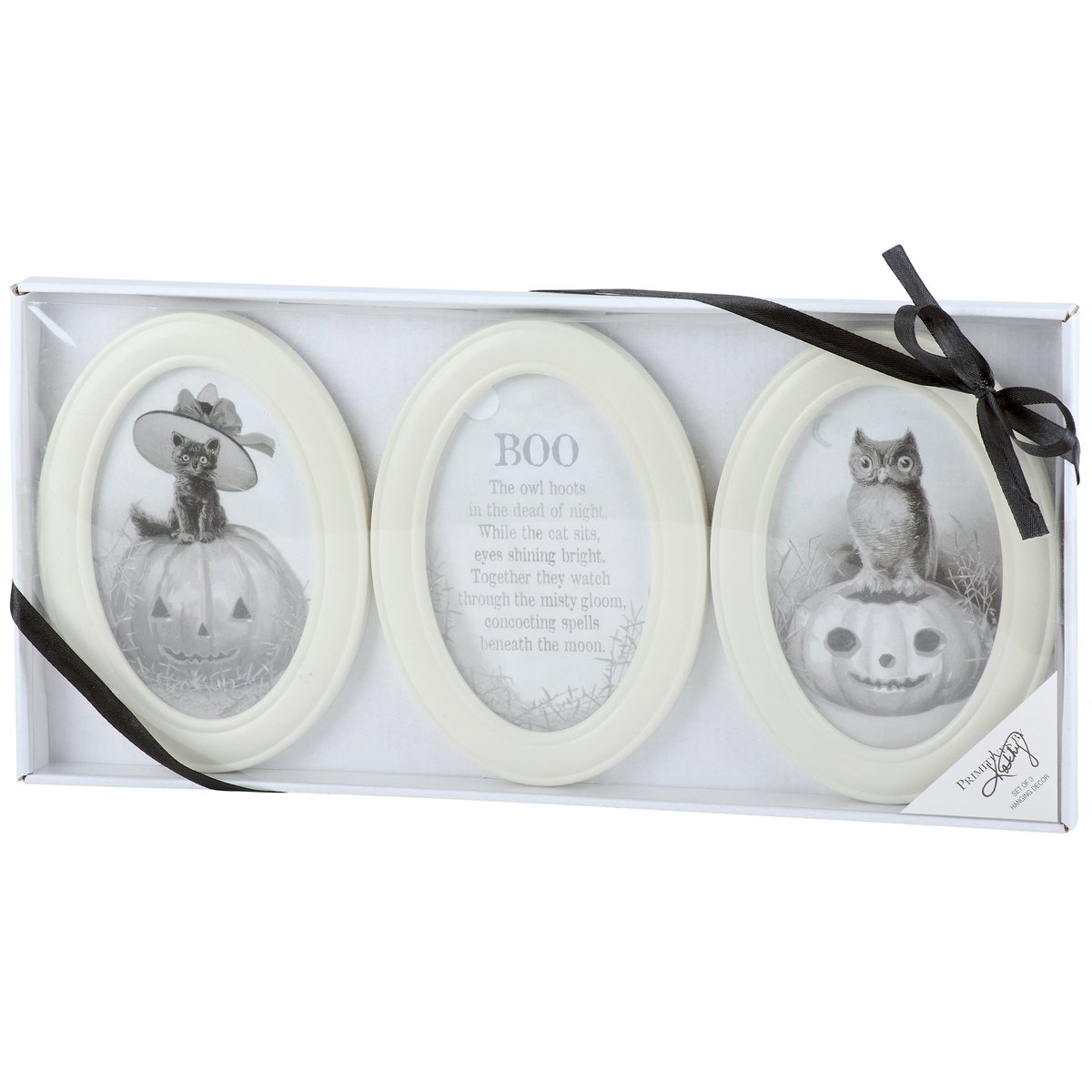 Spooky Neutral White Halloween Hanging Decor Set with Owl, Cat, Poem