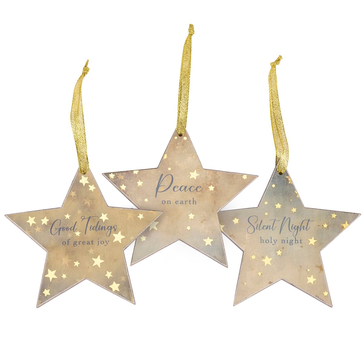 Starry Night Good Tidings Christmas Ornament Set - Rustic Wood Foil Accent Stars